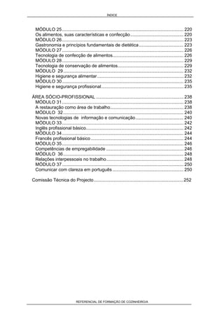 ÍNDICE
REFERENCIAL DE FORMAÇÃO DE COZINHEIRO/A
MÓDULO 25................................................................................................ 220
Os alimentos, suas características e confecção.......................................... 220
MÓDULO 26................................................................................................ 223
Gastronomia e princípios fundamentais de dietética ................................... 223
MÓDULO 27................................................................................................ 226
Tecnologia de confecção de alimentos........................................................ 226
MÓDULO 28................................................................................................ 229
Tecnologia de conservação de alimentos.................................................... 229
MÓDULO 29............................................................................................... 232
Higiene e segurança alimentar .................................................................... 232
MÓDULO 30................................................................................................ 235
Higiene e segurança profissional................................................................. 235
ÁREA SÓCIO-PROFISSIONAL ..................................................................... 238
MÓDULO 31................................................................................................ 238
A restauração como área de trabalho.......................................................... 238
MÓDULO 32............................................................................................... 240
Novas tecnologias de informação e comunicação...................................... 240
MÓDULO 33................................................................................................ 242
Inglês profissional básico............................................................................. 242
MÓDULO 34................................................................................................ 244
Francês profissional básico ......................................................................... 244
MÓDULO 35................................................................................................ 246
Competências de empregabilidade ............................................................. 246
MÓDULO 36............................................................................................... 248
Relações interpessoais no trabalho............................................................. 248
MÓDULO 37................................................................................................ 250
Comunicar com clareza em português ........................................................ 250
Comissão Técnica do Projecto.......................................................................252
 