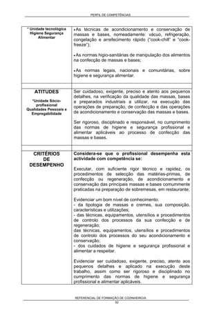PERFIL DE COMPETÊNCIAS
REFERENCIAL DE FORMAÇÃO DE COZINHEIRO/A
92
* Unidade tecnológica
Higiene Segurança
Alimentar
• As técnicas de acondicionamento e conservação de
massas e bases, nomeadamente: vácuo, refrigeração,
congelação e arrefecimento rápido (“cook-chill” e “cook-
freeze”);
• As normas higio-sanitárias de manipulação dos alimentos
na confecção de massas e bases;
• As normas legais, nacionais e comunitárias, sobre
higiene e segurança alimentar.
ATITUDES
*Unidade Sócio-
profissional
Qualidades Pessoais e
Empregabilidade
Ser cuidadoso, exigente, preciso e atento aos pequenos
detalhes, na verificação da qualidade das massas, bases
e preparados industriais a utilizar, na execução das
operações de preparação, de confecção e das operações
de acondicionamento e conservação das massas e bases.
Ser rigoroso, disciplinado e responsável, no cumprimento
das normas de higiene e segurança profissional e
alimentar aplicáveis ao processo de confecção das
massas e bases.
CRITÉRIOS
DE
DESEMPENHO
Considera-se que o profissional desempenha esta
actividade com competência se:
Executar, com suficiente rigor técnico e rapidez, os
procedimentos de selecção das matérias-primas, de
confecção ou regeneração, de acondicionamento e
conservação das principais massas e bases comummente
praticadas na preparação de sobremesas, em restaurante;
Evidenciar um bom nível de conhecimento:
- da tipologia de massas e cremes, sua composição,
características e utilizações;
- das técnicas, equipamentos, utensílios e procedimentos
de controlo dos processos da sua confecção e de
regeneração;
das técnicas, equipamentos, utensílios e procedimentos
de controlo dos processos do seu acondicionamento e
conservação;
- dos cuidados de higiene e segurança profissional e
alimentar a respeitar.
Evidenciar ser cuidadoso, exigente, preciso, atento aos
pequenos detalhes e aplicado na execução deste
trabalho, assim como ser rigoroso e disciplinado no
cumprimento das normas de higiene e segurança
profissional e alimentar aplicáveis.
 