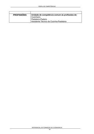 PERFIL DE COMPETÊNCIAS
REFERENCIAL DE FORMAÇÃO DE COZINHEIRO/A
93
PROFISSÕES Unidade de competência comum às profissões de:
Cozinheiro
Pasteleiro-Padeiro
Assistente Tècnico de Cozinha-Pastelaria
 