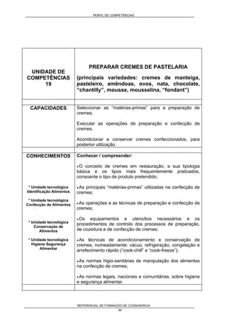 PERFIL DE COMPETÊNCIAS
REFERENCIAL DE FORMAÇÃO DE COZINHEIRO/A
94
UNIDADE DE
COMPETÊNCIAS
19
PREPARAR CREMES DE PASTELARIA
(principais variedades: cremes de manteiga,
pasteleiro, amêndoas, ovos, nata, chocolate,
“chantilly”, mousse, mousselina, “fondant”)
CAPACIDADES Seleccionar as “matérias-primas” para a preparação de
cremes.
Executar as operações de preparação e confecção de
cremes.
Acondicionar e conservar cremes confeccionados, para
posterior utilização.
CONHECIMENTOS
* Unidade tecnológica
Identificação Alimentos
* Unidade tecnológica
Confecção de Alimentos
* Unidade tecnológica
Conservação de
Alimentos
* Unidade tecnológica
Higiene Segurança
Alimentar
Conhecer / compreender:
• O conceito de cremes em restauração, a sua tipologia
básica e os tipos mais frequentemente praticados,
consoante o tipo de produto pretendido;
• As principais “matérias-primas” utilizadas na confecção de
cremes;
• As operações e as técnicas de preparação e confecção de
cremes;
• Os equipamentos e utensílios necessários e os
procedimentos de controlo dos processos de preparação,
de cozedura e de confecção de cremes;
• As técnicas de acondicionamento e conservação de
cremes, nomeadamente: vácuo, refrigeração, congelação e
arrefecimento rápido (“cook-chill” e “cook-freeze”);
• As normas higio-sanitárias de manipulação dos alimentos
na confecção de cremes;
• As normas legais, nacionais e comunitárias, sobre higiene
e segurança alimentar.
 