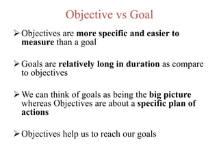 Objective vs Goal
Objectives are more specific and easier to
measure than a goal
Goals are relatively long in duration as compare
to objectives
We can think of goals as being the big picture
whereas Objectives are about a specific plan of
actions
Objectives help us to reach our goals
 
