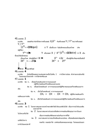 45.เฉลยข้อ 2
    แนวคิด                เซลล์กัลวานิกที่เกิดจากครึ่งเซลล์    X;X2+       กับครึ่งเซลล์   Y / Y3+พบว่าครึ่งเซลล์
    Y / Y3+
           ( Ε O = +0.90 งกว่า
                       Vสู )                         มี   Y   เป็นขั้วบวก รับอิเล็กตรอนเป็นแคโทด             เกิด
    ปฏิกิริยา
              Y3+ +3e-                           Y   ครึ่งเซลล์
                                                                           O
                                                                               (. Vตำ ่
                                                                  X / X2+ Ε = +003 ากว่ามี X             )           เป็น
ขั้วลบให้อิเล็กตรอน
           เป็นแอโนด เกิดปฏิกิริยา           X                      X2+ +2e -              เป็นปฏิกิริยารีดอกซ์เป็นดังนี้
           3X   O
                      +         2Y    3+
                                                                  3X3+ + 2YO


    ตัวรีดิวซ์      ตัวออกซิไดส์
46.เฉลยข้อ 4
    แนวคิด    ปัจจัยที่มีผลต่อการแปลงสภาพเป็นโปรตีน                    :       การให้ความร้อน ตัวทำาละลายอินทรีย์
     ไอออนของโลหะหนัก การใช้กรดหรือเบส
47.เฉลยข้อ 1
    แนวคิด          ข้อ ก.      เป็นฮอโมพอลิเมอร์มาจากมอนอเมอร์
                                    ปฏิกิริยาพอลิเมอร์ไรเซชันแบบควบแน่น
                          ข้อ ข.      เป็นฮอโมพอลิเมอร์ มาจากมอนอเมอร์ปฏิกิริยาพอนอเมอร์ไรเซชันแบบการ
    เติม
                               ข้อ ค.      เป็นโฮโมพอลิเมอร์ มาจากมอนอเมอร์
                                                 CH2 = CH - CH                      ≡ CH2        ปฏิกิริยาพอลิเมอร์ไร
    เซชันแบบการเติม
                               ข้อ ง.      เป็นไฮโมพอลิเมอร์ มาจากมอนอเมอร์ปฏิกิริยาพอลิเมอร์ไรเซชันแบบการ
    เติม
48.เฉลยข้อ 3
    แนวคิด          ข้อ    1   ไม่เหมาะสมเพราะขวดนำ้าพลาสติกใส่นำ้ามันเบนซินไม่ได้ เนื่องจากนนำ้ามันเบนซิน
                                   ละลายนำ้าได้
                               ข้อ    2    ไม่เหมาะสมเพราะถ้วยชามที่ผลิตจากกพอลิเอทิลินอุ่นอาาหารในเตา
    ไมโครเวฟไม่ได้
                                              เนื่องจากพอลิเอทิลีนละลายปนกับอาหารที่ใส่
                                ข้อ    3    เหมาะสมเพราะภาชนะที่เคลือบด้วยเทปรอน หรือพอลิเตรตระฟลูออโล
    เอทิลินในการ
                                              ทอดไข่ ทอดปลาได้ เทฟรอนมีจดหลอมเหลวสูง ไม่หลอมปนออก
                                                                        ุ
    มากับไข่และปลาที่
 