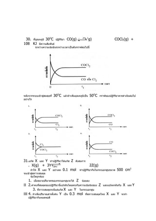 30. ทีอุณหภูมิ 30OC
       ่                      ปฏิกิริยา   CO(g) + Cl2(g)                            COCl2(g) +
108 KJ มีความสัมพันธ์
          ระหว่างความเข้มข้นระหว่างเวลาเป็นดังกราฟต่อไปนี้




หลังจากระบบเข้าสู่สมดุลที่   30OC     แล้วถ้าเพิ่มอุณหภูมิเป็น   50OC   กราฟของปฏิกิรยาควรดำาเนินต่อไป
                                                                                     ิ
อย่างไร




31.แก๊ส X และ Y ทำาปฏิกิริยาได้แก๊ส Z ดังสมการ
   . X(g) + 3Y (g)                             2Z(g)
    ถ้าให้ X และ Y อย่างละ 0.1 mol ทำาปฏิกิริยากันในกระบอกสูบขนาด 500 cm
                                                                        3

จนเข้าสู่สภาวะสมดุล
      ข้อใดถูกต้อง
    1. เมือขยายปริมาตรของกระบอกสูบจะได้ Z น้อยลง
           ่
ΙΙ 2.ค่าคงทีสมดุลของปฏิกิริยานี้แปรผันโดยตรงกับความเข้มข้นของ Z และแปรผกผันกับ X และ Y
               ่
       3. ที่ภาวะสมดุลจะมีแต่แก๊ส X และ Y ในกระบอกสูบ
ΙΙΙ 4. ถ้าเพิ่มปริมาณสารตั้งต้น Y เป็น 0.3 mol ทีสภาวะสมดุลใหม่ X และ Y จะทำา
                                                     ่
    ปฏิกิริยากันหมดพอดี
 