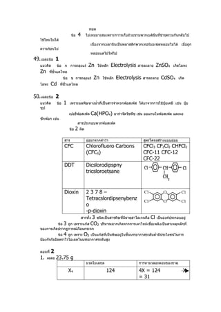 ทอด
                             ข้อ   4       ไม่เหมมาะสมเพราะกาารเก็บถ้วยชามพวกเมลินีนที่ชำารุดรวมกันกลับไป
   ใช้ใหม่ไม่ได้
                                             เนื่องจากเมลานีนเป็นพลาสติกพวกเทอร์มอเซตหลอมไม่ได้ เมื่อถูก
   ความร้อนไม่
                                             หลอมแต่ไม้ไฟไป
49.เฉลยข้อ 1
   แนวคิด        ข้อ ก การถลุงแร่           Zn     ใช้หลัก   Electrolysis    สารละลาย   ZnSO4    เกิดโลหะ
   Zn     ที่ขั้วแคโทด
                       ข้อ ข การถลุงแร่        Zn     ใช้หลัก    Electrolysis   สารละลาย   CdSO4       เกิด
   โลหะ     Cd     ที่ขั้วแคโทด


50.เฉลยข้อ 2
   แนวคิด        ข้อ   1   เพราะมลพิษทางนำ้าที่เป็นสารจำาพวกฟอสเฟส ได้มาจากการใช้ปุ๋ยเคมี เช่น ปุ๋ย
   ซุป
                           เปอร็ฟอสเฟต        Ca(HPO4)          ยากำาจัดวัชพืช เช่น ออแกนโนฟอสเฟต และผง
   ซักฟอก เช่น
                                   สารประกอบพวกฟอสเฟต
                           ข้อ   2   ผิด


                       สาร                 ย่อมาจากคำาว่า                       สูตรโครงสร้างแบบย่อย
                       CFC                 Chlorofluoro Carbons                 CFCl3 CF2Cl2 CHFCl2
                                           (CFCS)                               CFC-11 CFC-12
                                                                                CFC-22
                       DDT                 Dicslorodipspny
                                           tricsloroetsane



                       Dioxin     2378–
                                  Tetracslordipsenybenz
                                  o
                                  -p-dioxin
                               สารทั้ง 3 ชนิดเป็นสารพิษที่มีธาตุฮาโลเจนคือ Cl เป็นองค์ประกอบอยู่
                 ข้อ 3 ถูก เพราะแก๊ส CO2 ปริมาณมากเกิดจากการเผาไหม้เชื้อเพลิงเป็นสาเหตุหลักที่
   ของการเกิดปรากฏการณ์เรือนกระจก
                ข้อ 4 ถูก เพราะ O3 เป็นแก๊สที่เป็นพิษอยู่ในชั้นบรรยากาศระดับตำ่ามีประโยชน์ในการ
   ป้องกันรังอัลตราไวโอเลตในบรรยากาศระดับสูง


   ตอนที่   2
   1.   เฉลย    23.75 g
                                           มวลโมเลกุล                        การหามวลอะตอมของธาตุ

                           X4                           124                  4X = 124                     X
                                                                             = 31
 