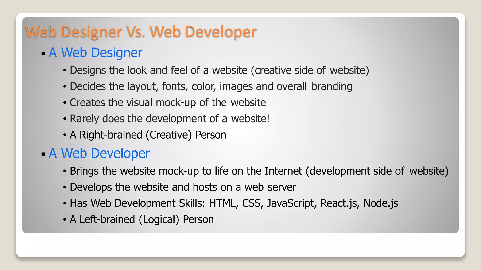 Web Designer Vs. Web Developer
 A Web Designer
&bull; Designs the look and feel of a website (creative side of website)
&bull; Decides the layout, fonts, color, images and overall branding
&bull; Creates the visual mock-up of the website
&bull; Rarely does the development of a website!
&bull; A Right-brained (Creative) Person
 A Web Developer
&bull; Brings the website mock-up to life on the Internet (development side of website)
&bull; Develops the website and hosts on a web server
&bull; Has Web Development Skills: HTML, CSS, JavaScript, React.js, Node.js
&bull; A Left-brained (Logical) Person
 