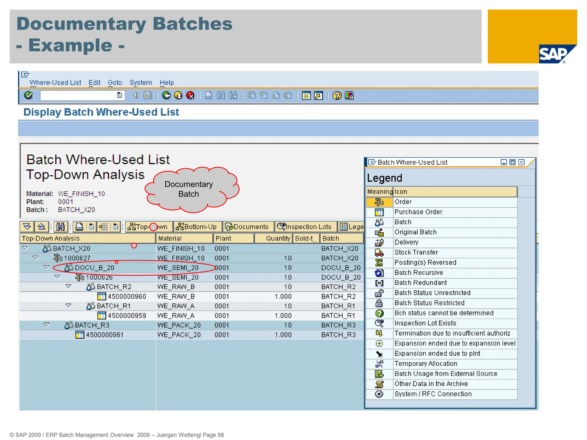© SAP 2009 / ERP Batch Management Overview 2009 – Juergen Wettengl Page 58
Documentary Batches
- Example -
Documentary
Batch
 