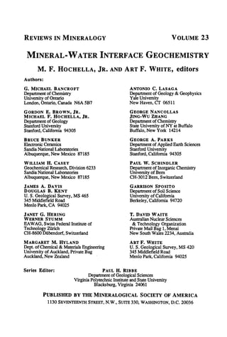 Mineralwater Interface Geochemistry Michael F Hochella Editor Art F ...