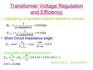 Transformer Voltage Regulation
and Efficiency
• Impedance of excitation branch referred to primary:
• Short Circuit Impedance angle:
• Equivalent series Impedance:
Req=4.45 Ω, Xeq=6.45 Ω






k
X
k
R
M
C
11
0000908
.
0
1
105
0000095
.
0
1

4
.
55
6
47
160
cos
cos 1
1



 

SC
SC
SC
SC
I
V
P











45
.
6
45
.
4
4
.
55
833
.
7
4
.
55
6
47
j
I
V
Z SC
SC
SC
SE



 