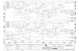 T1
T1
T1
T1
T1
T1
3410
01441
LE
3410
01492
HS
3410
01443
AI
3410
01443
AT
3410
01433
AT
3410
01433
AI
3410
01441
LIC
3410
01441
LIT
3410
01492
II
3410
01492
XA FAULT
3410
01442
LIT
3410
01442
LI
3410
01442
LE
3410
01482
HS
3410
01411
LE
3410
01411
LIC
3410
01411
LIT
3410
01482
II
3410
01482
XA FAULT
3410
01412
LIT
3410
01412
LI
3410
01412
LE
3410
01413
AI
3410
01413
AT
3410
01423
AT
3410
01423
AI
3410
01453
AI
3410
01453
AT
3410
01491
HS
3410
01483
HS
3410
01451
LIT
3410
01432
LI
3410
01481
II
3410
01491
II
3410
01421
LIT
3410
01481
XA FAULT
3410
01432
LE
3410
01422
LIT
3410
01403
AI
3410
01421
LE
3410
01422
LI
3410
01491
XA FAULT
3410
01452
LI
3410
01431
LIC
3410
01432
LIT
3410
01451
LIC
3410
01401
LIT
3410
01452
LE
3410
01483
II
3410
01402
LE
3410
01403
AT
3410
01451
LE
3410
01493
XA FAULT
3410
01431
LE
3410
01481
HS
3410
01401
LE 3410
01422
LE
3410
01493
II
3410
01493
HS
3410
01421
LIC
3410
01402
LIT
3410
01483
XA FAULT
3410
01401
LIC
3410
01402
LI
3410
01452
LIT
PRIMARY CYCLONE O/F
PARTICLE SIZE ANALYZER,
C2-3330-AZ-501
1134 3300-25J-045
FROTHER ALCOHOL
INJECTOR, C2-3910-ZM-685
1124 3900-25J-006
PROCESS WATER
1117 3400-25J-015
SCAVENGER TAILING
SCAVENGER CELL NO.2 ROW
NO.5, C2-3410-CF-504
1120 3400-25J-015
VENDOR
MILK OF LIME
LIME DISTRIBUTION PUMPS
C2-3920-PP-093/094
1406 3900-25J-012
SCAVENGER TAILING
SCAVENGER CELL NO.2 ROW
NO.5, C2-3410-CF-504
1130 3400-25J-015
VENDOR
PRIMARY CYCLONE O/F
PARTICLE SIZE ANALYZER,
C2-3330-AZ-501
1136 3300-25J-045
MILK OF LIME
LIME DISTRIBUTION PUMPS
C2-3920-PP-093/094
1405 3900-25J-012
FROTHER ALCOHOL
INJECTOR, C2-3910-ZM-686
1132 3900-25J-006
TEST REAGENT
INJECTOR, C2-3910-ZM-702
1129 3900-25J-004
PRIMARY CYCLONE O/F
BALL MILL NO.5 O/F SAMPLER,
C2-3330-SA-501
1123 3300-25J-045
PRIMARY CYCLONE O/F
BALL MILL NO. 6 O/F
SAMPLER, C2-3330-SA-601
1133 3300-25J-045
SCAV. CONCENTRATE
SCAVENGER CONCENTRATE
LAUNDER, C2-3410-LA-504
1131 3400-25J-015
PROCESS WATER
1119 3400-25J-015
PH CONTROLLER
1403 3400-25J-042
ROUGHER CONCENTRATE
ROUGHER CONCENTRATE
LAUNDER, C2-3410-LA-503
1118 3400-25J-015
SCAVENGER TAILING
SCAVENGER CELL NO.2 ROW
NO.6, C2-3410-CF-604
1122 3400-25J-015
VENDOR
TEST REAGENT
INJECTOR, C2-3910-ZM-701
1125 3900-25J-004
SCAVENGER TAILING
SCAVENGER CELL NO.2 ROW
NO.6, C2-3410-CF-604
1127 3400-25J-015
VENDOR
PH CONTROLLER
1404 3400-25J-042
ROUGHER CONCENTRATE
ROUGHER CONCENTRATE
LAUNDER,C2-3410-LA-603
1135 3400-25J-015
SCAV. CONCENTRATE
SCAVENGER CONCENTRATE
LAUNDER, C2-3410-LA-604
1128 3400-25J-015
VENDOR
VENDOR
AIR
INTAKE
J/SP
VENDOR
VENDOR
AIR
INTAKE
J/SP
AIR
INTAKE
LAUNDER
VENDOR
AIR
INTAKE
LAUNDER
VENDOR
VENDOR
VENDOR
J/SP
J/SP J/SP
VENDOR
VENDOR
VENDOR
VENDOR
AIR
INTAKE
AIR
INTAKE
J/SP
3410
01425
XV
+
3430
04201 D
AV
+
3410
01451 A
LV
+
C2-3410-LA-604
3410
01401 A
LV
+
3410
01424
XV
+
1-1/2"x1/2"
1-1/2"x1/2"
3410
01431 A
LV
+
3"x1-1/2"
C2-3410-ST-668
1-1/2"x1/2"
C2-3410-CF-503
28"x18"
C2-3410-CF-502
3430
04201 E
AV
+
C2-3410-LA-504
C2-3410-LA-503
C2-3410-CF-603
C2-3410-CF-601
1-1/2"x1/2"
C2-3410-LA-603
12"
SIZE: 255 m3
MOTOR: 300.00 kW
C2-3410-CF-502
ROUGHER FLOTATION CELL NO.2 ROW NO.5
C2-3410-CF-602
28"x18"
SIZE: 255 m3
MOTOR: 300.00 kW
C2-3410-CF-602
ROUGHER FLOTATION CELL NO.2 ROW NO.6
3"x1-1/2"
3410
01421 A
LV
+
3410
01451 B
LV
+
3410
01421 B
LV
+
3410
01401 B
LV
+
C2-3410-CF-501
3410
01431 B
LV
+
AG
KM
LT
ISSUED FOR CLIENT REVIEW
22-Dec-11
B
RP
ISSUED FOR COMBINED REVIEW
29-Jun-11
A
12/22/2011
K. MUNDY
A. GUNSON
W. BIE
L. TAMELIN
12/22/2011
2:50:53
PM
WBS: 3400
B
PIPING AND INSTRUMENTATION DIAGRAM
FLOTATION
3400-25J-014
ROUGHER & SCAV ROWS 5 & 6
SIZE:
C2-3410-LA-603
ROUGHER CONCENTRATE LAUNDER ROW NO.6
3410-WR-1645-C1A-1-1/2"-N
3410-SL-1158-R1A-18"-N
3930-WR-1202-C1A-3"-N
SIZE: 255 m3
MATERIAL:
MOTOR: 300.00 kW
C2-3410-CF-503
SCAVENGER FLOTATION CELL NO.1 ROW NO.5
3410-WR-1646-C1A-1-1/2"-N
3410-WR-1665-C1A-1-1/2"-N
3410-WR-1619-C1A-2"-N
3410-WR-1643-C1A-1-1/2"-N
3410-WR-1648-C1A-2"-N
3410-WR-1620-C1A-1-1/2"-N
SIZE: 250 m3
MATERIAL:
MOTOR: 300.00 kW
C2-3410-CF-603
SCAVENGER FLOTATION CELL NO.1 ROW NO.6
3410-WR-1615-C1A-2"-N
3400-WR-1646-C1A-1-1/2"-N
3410-SL-1156-R1B-28"-N
SIZE:
C2-3410-LA-504
SCAVENGER CONCENTRATE LAUNDER ROW NO.5
SIZE:
C2-3410-LA-503
ROUGHER CONCENTRATE LAUNDER ROW NO.5
SIZE:
C2-3410-LA-604
SCAVENGER CONCENTRATE LAUNDER ROW NO.6
3410-SL-1157-R1A-18"-N
3410-WR-1644-C1A-2"-N
SIZE: 255 m3
MATERIAL:
MOTOR: 300.00 kW
C2-3410-CF-601
ROUGHER FLOTATION CELL NO.1 ROW NO.6
SIZE:
C2-3410-ST-668
ROUGHER FLOTATION CONC. DIST. BOX NO.6 ROW NO.6
3410-WR-1617-C1A-1-1/2"-N
3410-WR-1649-C1A-1-1/2"-N
3410-SL-1155-R1B-28"-N
3930-WR-1203-C1A-3"-N
3410-WR-1617-C1A-1-1/2"-N
SIZE: 255 m3
MATERIAL:
MOTOR: 300.00 kW
C2-3410-CF-501
ROUGHER FLOTATION CELL NO.1 ROW NO.5
3410
01441 A
LV
+
3410
01441 B
LV
+
1-1/2"x1/2"
3410-WR-1635-C1A-1-1/2"-N
3410-WR-1634-C1A-2"-N
3410
01411 A
LV
+
3410
01411 B
LV
+
1-1/2"x1/2"
C2-3410-ST-568
3410
01404
XV
+
3410
01405
XV
+
12"
12"
12"
12"
3410-WR-1616-C1A-1-1/2"-N
3410-WR-1661-C1A-1-1/2"-N
3410-WR-1660-C1A-2"-N
D
4
F
B
A
3
2
1 5 6 8
E
7
C
REV.
APPROVED
CHK.
DES.
REV. DATE REVISION DESCRIPTION
CLIENT
LEAD ENGINEER
SCALE DRAWING NUMBER
CHECK DESIGN CHECK DRAWING
DESIGNED BY DRAWN BY
APPROVAL DATE
APPROVAL DATE
APPROVED
CHK.
DES.
REV. DATE REVISION DESCRIPTION REFERENCE DRAWING No.
1:100
0
1:200
5m
10m
0
5m
10m
15m
20m
1:500
10m
0
20m
30m
40m
50m
1:1000
0
100m
50m
1:20
0
0.5m
1m
1.5m
2m
0
1:25
0.5m
1m
1.5m
1:33
1/3
2.5m
2m
0
1m
2m
3m
0
1:50
1m
2m
3m
4m
5m
CAD FILE NAME: P:0CAD000SPEM**
MODEL UPDATED:
DWG. FILE UPDATED:
MANUAL CHANGES MADE: YES NO YES NO YES NO
PROJECT MANAGER
ENGINEERING MANAGER
AREA PROJECT ENGINEER
REFERENCE DRAWINGS
SAFETY SHARE:
APPROVAL DATE
CONTRACT
NO.
SAFETY SHARE :
BA6CVA1.IGR
NOTICE: THIS DRAWING HAS NOT BEEN PUBLISHED AND IS THE SOLE
PROPERTY OF FLUOR AND IS LENT TO THE BORROWER FOR THEIR
CONFIDENTIAL USE ONLY, AND IN CONSIDERATION OF THE LOAN OF THIS
DRAWING, THE BORROWER PROMISES AND AGREES TO RETURN IT UPON
REQUEST AND AGREES THAT IT WILL NOT BE REPRODUCED, COPIED LENT
OR OTHERWISE DISPOSED OF DIRECTLY OR INDIRECTLY, NOR USED FOR
ANY OTHER PURPOSE OTHER THAN WHICH IT IS FURNISHED.
NONE
Apr 2011
240K-C2-
MIN
MIN
MIN
MIN
MIN
MIN MIN
MIN
V
FC
FC
V
V
V
V
V
V
V
V
V V
V
V
V
V
V
V
V
V
V
FI
FI
3330-SL-1079-C1B-4"-N
3330-SL-1085-RIB-48"-N
3410-RF-1036-C1D-1"-N
3410-RC-1129-C1D-1"-N
3930-WR-1202-C1A-3"-N
3410-RL-1014-C1B-1-1/2"-N
3410-RL-1015-C1B-1-1/2"-N
3330-SL-1080-C1B-4"-N
3330-SL-1081-RIB-48"-N
3410-RF-1035-C1D-1"-N
3410-RC-1128-C1D-1"-N
3930-WR-1203-C1A-3"-N
3400
01431
LIT
3410-SL-1800-R1B-28"-N
3410-SL-1170-R1B-28"-N
3410-SL-1799-R1B-28"-N
3410-SL-1169-R1B-28"-N
3410
01405
ZS
3410
01405
XS
3410
01404
ZS
3410
01404
XS
3410
01425
ZS
3410
01425
XS
3410
01424
ZS
3410
01424
XS
V
V V
V
V
V
V
V
V V
V
V
V
V
V
V
V V
V
V
PROCESS WATER
2892 3900-25J-015
PROCESS WATER
2893 3900-25J-015
SIZE:
C2-3410-ST-568
ROUGHER FLOTATION CONC. DIST. BOX NO.5 ROW NO.5
SCAV. CONCENTRATE
SCAV. CONC. DISTRIBUTION
BOX NO.5, C2-3410-ST-569
4096 3400-25J-015
SCAV. CONCENTRATE
SCAV. CONC. DISTRIBUTION
BOX NO.6, C2-3410-ST-569
4097 3400-25J-015
IMAGE
IMAGE
IMAGE
IMAGE
IMAGE
IMAGE
 