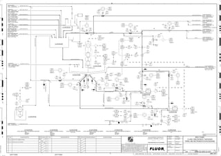 T3
T3
AFD
T8
3510
00101
DE
3510
00101
PIC
3510
00114
FI
MIN
3510
00101
WQI
3510
00183
XA
3510
00102
LE
3510
00184
II
3510
00102
LIT
3510
00185
XA
3510
00101
DIT
3510
00101
FIC
3510
00104
FI
3510
00101
PT
3510
00185
HS
3510
00182
XA
3510
00115
PI
3510
00115
PIT
3510
00183
II
3510
00127
LE
3510
00104
FIT
3510
00181
XA
3510
00117
ZS
OP/CL
3510
00117
XA
3510
00107
ZS
OP/CL
3510
00107
XA
3510
00106
ZS
OP/CL
3510
00106
XA
3510
00108
XA
3510
00108
ZS
OP/CL
3510
00116
ZS
OP/CL
3510
00184
XA
3510
00101
DIC
3510
00182
II
FAULT
3510
00101
WY
3510
00127
LI
3510
00101
FIT
3510
00113
PI
3510
00114
FIT
/
3"
3510
00181
II
HH, P1
H, P2
M
3510
00127
LIT
3510
00105
PI
3510
00183
HS
3510
00110
ZI
3510
00112
ZS
3510
00112
XA
3510
00182
HS
3510
00101
DX
3510
00102
LI
3510
00111
OI
MIN
3510
00184
HS
M
M
3510
00181
HS
J/SP
3510
00185
II FAULT
3510
00105
PIT
3510
00116
XA
3510
00109
ZS
OP/CL
3510
00118
ZS
OP/CL
3510
00118
XA
3510
00109
XA
3510
00119
ZS
OP/CL
3510
00119
XA
3510
00124
ZS
OP/CL
3510
00123
ZS
OP/CL
3510
00122
ZS
OP/CL
3510
00123
XA
3510
00122
XA
3510
00124
XA
3510
00126
ZS
OP/CL
3510
00125
ZS
OP/CL
3510
00126
XA
3510
00125
XA
DRAIN TO
FLOOR
TO
FLOOR
SUMP
CU-MO THICKENER O/F
CU CONC. THICKENER O/F
TANK C2-3610-TK-005
1081 3600-25J-002
MO FLOT.AREA SUMP CONT.
MO FLOTATION AREA SUMP
PUMP, C2-3520-PP-608
1862 3500-25J-003
NAHS AREA SUMP CONT.
NAHS AREA SUMP PUMP,
C2-3510-PP-165
1861 3500-25J-035
MO 1ST CLEANER TAILING
MO 1ST CLEANER TAILING
PUMPS, C2-3520-PP-609/610
1854 3500-25J-011
COLUMN CONC.
COLUMN CONC. TRANSFER
PUMPS, C2-3430-PP-514/515
1860 3400-25J-041
MO ROUGHER SCAV. CONC.
ROUGHER SCAV. CONC.
PUMPS, C2-3520-PP-605/606
1855 3500-25J-005
CU-MO THICKENER U/F
MO ROUGHER FEED
SAMPLER, C2-3510-SA-611
1843 3500-25J-002
MIN
MIN
TO FLOOR
SLOPE
TORQUE
SELECT
MIN
OP/CL
TO FLOOR
MIN
MIN.
MIN
MIN.
SLOPE
MIN
L, P2
LL, P1
MIN
3"
MIN
LIFT POSITION
J/SP
H, P2
RECYCLE
(J) JF/JR
SP
J/SP
H, P2
HH, P1
L, P2
L, P2
LL,P1
MASS FLOW
J/SP
L, P2
VENDOR SUPPLY
L, P2
MIN
FAULT
FAULT
FAULT
1-1/2"
FI
FI
AG
KM
LT
ISSUED FOR CLIENT REVIEW
22-Dec-11
B
RP
ISSUED FOR COMBINED REVIEW
30-Jun-11
A
12/22/2011
K. MUNDY
A. GUNSON
A. REGNAULT
L. TAMELIN
12/22/2011
2:08:56
PM
WBS: 3510
B
PIPING AND INSTRUMENTATION DIAGRAM
MOLY PLANT
3500-25J-001
CU-MO CONCENTRATE THICKENER
2"x1"
C2-3510-TK-002
3510
00109
XV
+
NC
SIZE:
MATERIAL:
MOTOR:
C2-3510-PP-053
CU-MO CONCENTRATE THICKENER AREA SUMP PUMP
FI
3510
00107
XV
+
3510
00124
XV
+
FI
C2-3510-BX-003
3510
00119
XV
+
4"
1-1/2"x1"
C2-3510-PP-056
1-1/2"x1"
C2-3510-PP-055
FI
3510
00118
XV
+
FI
FI
3510
00108
XV
+
3510
00117
XV
+
3510
00114
FE
+
6"
16"x14"
FI
1-1/2"x1"
3510
00116
XV
+
C2-3510-TM-002
3510
00122
XV
+
3510
00112
XV
+
1"x1/2"
1-1/2"
1-1/2"
FI
FI
3510
00104
FE
+
1-1/2"
FI
3510
00123
XV
+
1-1/2"
1-1/2"
1-1/2"
3510
00125
XV
+
FI
3510
00126
XV
+
16"x14"
1-1/2"x1"
FI
3510
00101
FE
+
1"x1/2"
C2-3510-PP-053
3510
00106
XV
+
ES
ES
3510-SL-1399-R1A-10"-N
ES
3510-SL-1400-R1A-10"-N
3510-SL-1792-C1B-4"-N
3510-SL-1795-R1A-14"-N
3510-SL-1398-R1A-10"-N
3510-SL-1398-R1A-10"-N
SIZE:
MATERIAL:
MOTOR:
C2-3510-PP-056
CU-MO CONCENTRATE THICKENER UNDERFLOW PUMP NO. 2
SIZE: 45 m DIA
MATERIAL:
MOTOR:
C2-3510-TM-002
CU-MO CONCENTRATE THICKENER MECHANISM
3510-WG-1037-C1A-2"-N
3510-SL-1401-R1A-10"-N
3510-SL-1793-C1B-30"-N
ES
3510-SL-1450-R1A-6"-N
3510-WR-1799-C1A-18"-N
R1A
3510-WR-1803-C1A-4"-N
3510-SL-1310-R1A-28"-N
3510-SL-1428-R1A-8"-N
3510-WR-1333-C1A-4"-N
SIZE:45 mDIA
C2-3510-TK-002
CU-MO CONCENTRATE THICKENER
3510-WR-1802-C1A-4"-N
3510-SL-1796-R1A-14"-N
R1A
SIZE:
MATERIAL:
MOTOR:
C2-3510-PP-055
CU-MO CONCENTRATE THICKENER UNDERFLOW PUMP NO. 1
C1A
ES
3510-WG-1706-C1A-1"-N
3510-SL-1409-C1B-4"-N
C1A
SIZE:
MATERIAL:
CAPACITY:
TRIM:C1B
C2-3510-BX-003
CU-MO CONCENTRATE THICKENER FEED BOX
3510-SL-1794-R1A-6"-N
3510-WR-1914-C1A-8"-N
3510-RS-1038-S1B-3"-N
D
4
F
B
A
3
2
1 5 6 8
E
7
C
REV.
APPROVED
CHK.
DES.
REV. DATE REVISION DESCRIPTION
CLIENT
LEAD ENGINEER
SCALE DRAWING NUMBER
CHECK DESIGN CHECK DRAWING
DESIGNED BY DRAWN BY
APPROVAL DATE
APPROVAL DATE
APPROVED
CHK.
DES.
REV. DATE REVISION DESCRIPTION REFERENCE DRAWING No.
1:100
0
1:200
5m
10m
0
5m
10m
15m
20m
1:500
10m
0
20m
30m
40m
50m
1:1000
0
100m
50m
1:20
0
0.5m
1m
1.5m
2m
0
1:25
0.5m
1m
1.5m
1:33
1/3
2.5m
2m
0
1m
2m
3m
0
1:50
1m
2m
3m
4m
5m
CAD FILE NAME: P:0CAD000SPEM**
MODEL UPDATED:
DWG. FILE UPDATED:
MANUAL CHANGES MADE: YES NO YES NO YES NO
PROJECT MANAGER
ENGINEERING MANAGER
AREA PROJECTENGINEER
REFERENCE DRAWINGS
SAFETY SHARE:
APPROVAL DATE
CONTRACT
NO.
SAFETY SHARE :
BA6CVA1.IGR
NOTICE: THIS DRAWING HAS NOT BEEN PUBLISHED AND IS THE SOLE
PROPERTY OF FLUOR AND IS LENT TO THE BORROWER FOR THEIR
CONFIDENTIAL USE ONLY, AND IN CONSIDERATION OF THE LOAN OF THIS
DRAWING, THE BORROWER PROMISES AND AGREES TO RETURN IT UPON
REQUEST AND AGREES THAT IT WILL NOT BE REPRODUCED, COPIED LENT
OR OTHERWISE DISPOSED OF DIRECTLY OR INDIRECTLY, NOR USED FOR
ANY OTHER PURPOSE OTHER THAN WHICH IT IS FURNISHED.
NONE 240K-C2-
CLARIFIER O/F
CONC. CLARIFIER O/F PUMPS,
C2-3610-PP-008/009
2548 3600-25J-004
CLARIFIER U/F
CONC. CLARIFIER U/F PUMPS,
C2-3610-PP-006/007
2589 3600-25J-004
3610-SL-1604-C1B-2"-N
GLAND SEAL WATER
2965 3900-25J-023
C2-3430-SA-526
CU-MO THICKENER FEED
CU CONCENTRATE
THICKENER FEED BOX,
3311 3600-25J-001
C2-3610-BX-001
CU-MO THICKENER U/F
SAFETY SCREEN FEED BOX,
C2-3610-BX-041
3313 3600-25J-005
SIZE:
C2-3430-SA-526
COMBINED COLUMN CONCENTRATE SAMPLER
NOTE:
1. PROVISION FOR AUTOMATED SHIFT
SAMPLES
NOTE 1
MISMATCH
MISMATCH
MISMATCH
MISMATCH
MISMATCH
MISMATCH
MISMATCH
V
3510
00101
HY
RSP
MISMATCH
MISMATCH
MISMATCH
MISMATCH
CU-MO THICKENER FEED
3610-BX-006
3758 3600-25J-003
3510-SL-1590-R1A-30"-N
3510-SL-1820-R1A-4"-N
3510-WR-1801-C1A-4"-N
3510-WR-1290-C1A-4"-N
AFD
PROCESS WATER
2926 3900-25J-016
CU-MO THICKENER U/F
SAFETY SCREEN FEED BOX,
C2-3620-BX-041
4220 3600-25J-005
3510-SL- - - -
 