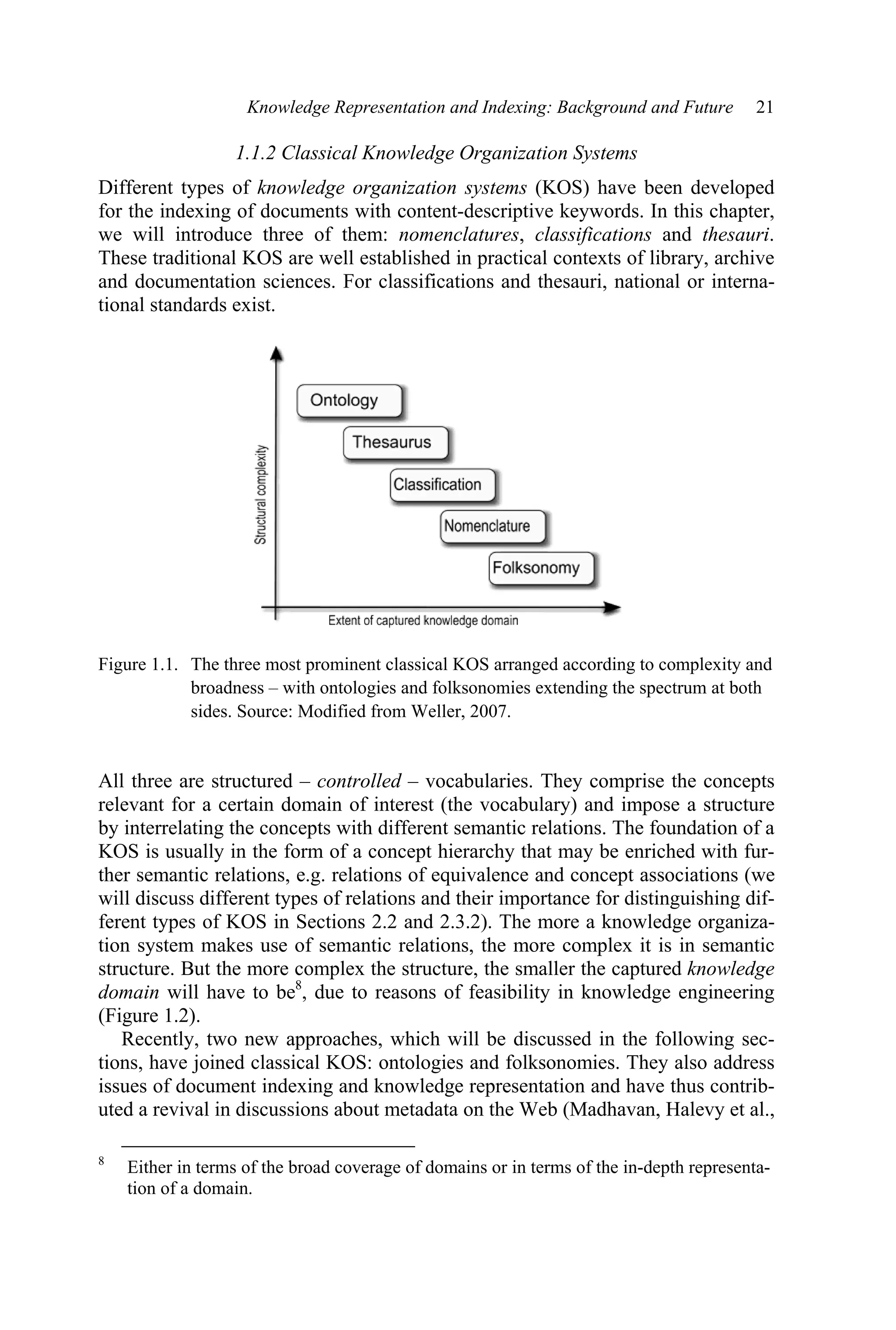 Knowledge Representation and Indexing: Background and Future 21
1.1.2 Classical Knowledge Organization Systems
Different types of knowledge organization systems (KOS) have been developed
for the indexing of documents with content-descriptive keywords. In this chapter,
we will introduce three of them: nomenclatures, classifications and thesauri.
These traditional KOS are well established in practical contexts of library, archive
and documentation sciences. For classifications and thesauri, national or interna-
tional standards exist.
Figure 1.1. The three most prominent classical KOS arranged according to complexity and
broadness – with ontologies and folksonomies extending the spectrum at both
sides. Source: Modified from Weller, 2007.
All three are structured – controlled – vocabularies. They comprise the concepts
relevant for a certain domain of interest (the vocabulary) and impose a structure
by interrelating the concepts with different semantic relations. The foundation of a
KOS is usually in the form of a concept hierarchy that may be enriched with fur-
ther semantic relations, e.g. relations of equivalence and concept associations (we
will discuss different types of relations and their importance for distinguishing dif-
ferent types of KOS in Sections 2.2 and 2.3.2). The more a knowledge organiza-
tion system makes use of semantic relations, the more complex it is in semantic
structure. But the more complex the structure, the smaller the captured knowledge
domain will have to be8
, due to reasons of feasibility in knowledge engineering
(Figure 1.2).
Recently, two new approaches, which will be discussed in the following sec-
tions, have joined classical KOS: ontologies and folksonomies. They also address
issues of document indexing and knowledge representation and have thus contrib-
uted a revival in discussions about metadata on the Web (Madhavan, Halevy et al.,
8
Either in terms of the broad coverage of domains or in terms of the in-depth representa-
tion of a domain.
 