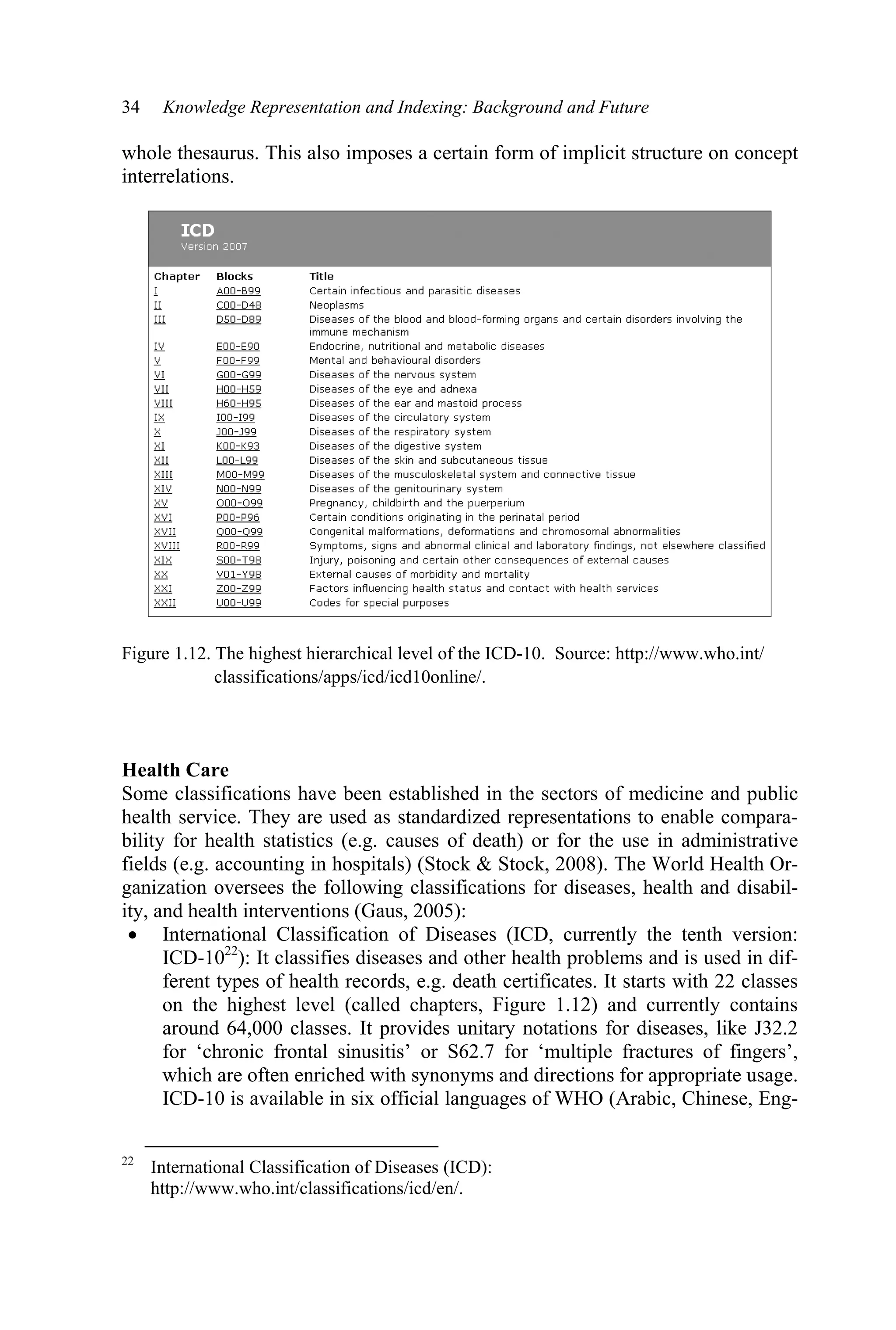 34 Knowledge Representation and Indexing: Background and Future
whole thesaurus. This also imposes a certain form of implicit structure on concept
interrelations.
Figure 1.12. The highest hierarchical level of the ICD-10. Source: http://www.who.int/
classifications/apps/icd/icd10online/.
Health Care
Some classifications have been established in the sectors of medicine and public
health service. They are used as standardized representations to enable compara-
bility for health statistics (e.g. causes of death) or for the use in administrative
fields (e.g. accounting in hospitals) (Stock  Stock, 2008). The World Health Or-
ganization oversees the following classifications for diseases, health and disabil-
ity, and health interventions (Gaus, 2005):
x International Classification of Diseases (ICD, currently the tenth version:
ICD-1022
): It classifies diseases and other health problems and is used in dif-
ferent types of health records, e.g. death certificates. It starts with 22 classes
on the highest level (called chapters, Figure 1.12) and currently contains
around 64,000 classes. It provides unitary notations for diseases, like J32.2
for ‘chronic frontal sinusitis’ or S62.7 for ‘multiple fractures of fingers’,
which are often enriched with synonyms and directions for appropriate usage.
ICD-10 is available in six official languages of WHO (Arabic, Chinese, Eng-
22
International Classification of Diseases (ICD):
http://www.who.int/classifications/icd/en/.
 