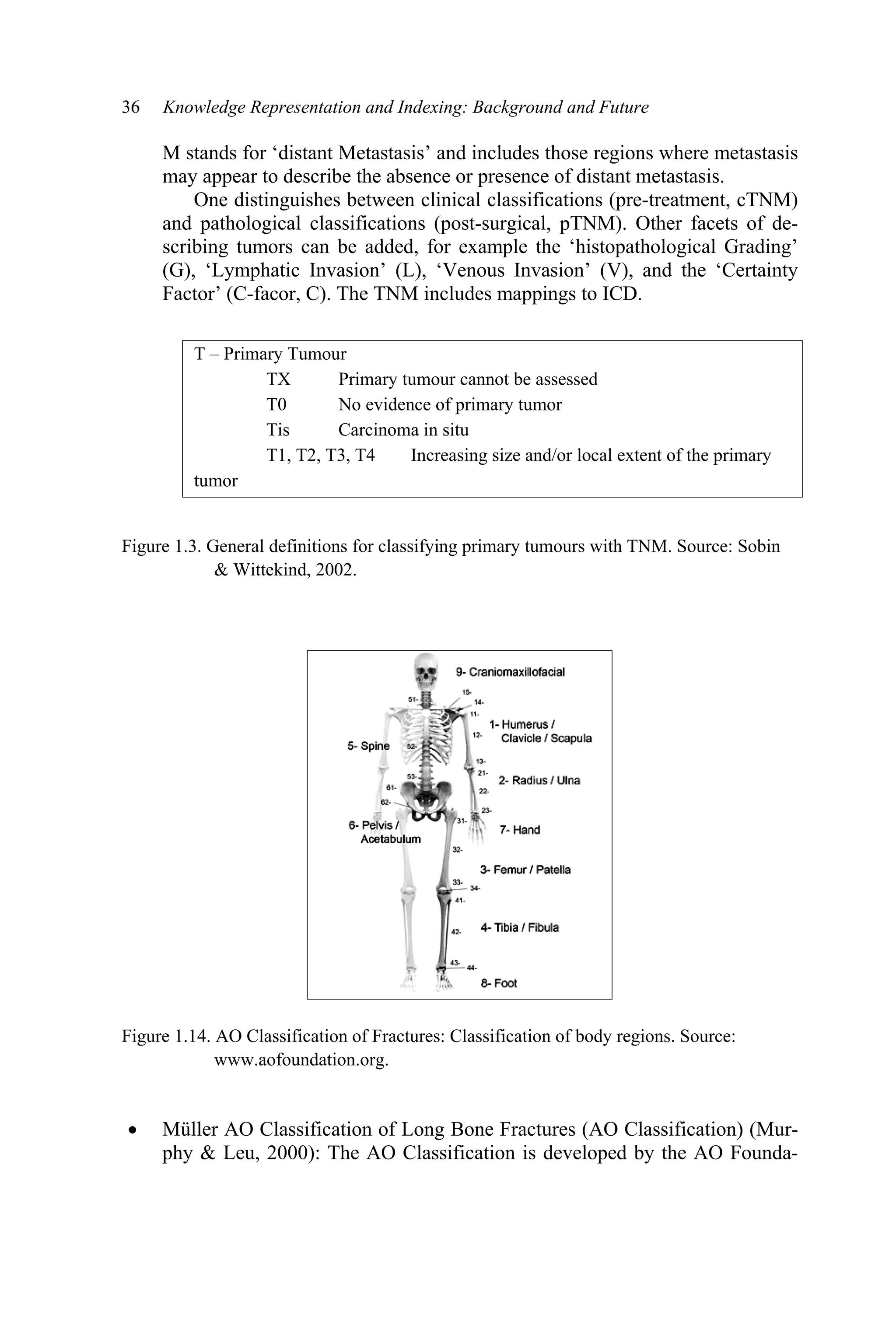 36 Knowledge Representation and Indexing: Background and Future
M stands for ‘distant Metastasis’ and includes those regions where metastasis
may appear to describe the absence or presence of distant metastasis.
One distinguishes between clinical classifications (pre-treatment, cTNM)
and pathological classifications (post-surgical, pTNM). Other facets of de-
scribing tumors can be added, for example the ‘histopathological Grading’
(G), ‘Lymphatic Invasion’ (L), ‘Venous Invasion’ (V), and the ‘Certainty
Factor’ (C-facor, C). The TNM includes mappings to ICD.
T – Primary Tumour
TX Primary tumour cannot be assessed
T0 No evidence of primary tumor
Tis Carcinoma in situ
T1, T2, T3, T4 Increasing size and/or local extent of the primary
tumor
Figure 1.3. General definitions for classifying primary tumours with TNM. Source: Sobin
 Wittekind, 2002.
Figure 1.14. AO Classification of Fractures: Classification of body regions. Source:
www.aofoundation.org.
x Müller AO Classification of Long Bone Fractures (AO Classification) (Mur-
phy  Leu, 2000): The AO Classification is developed by the AO Founda-
 