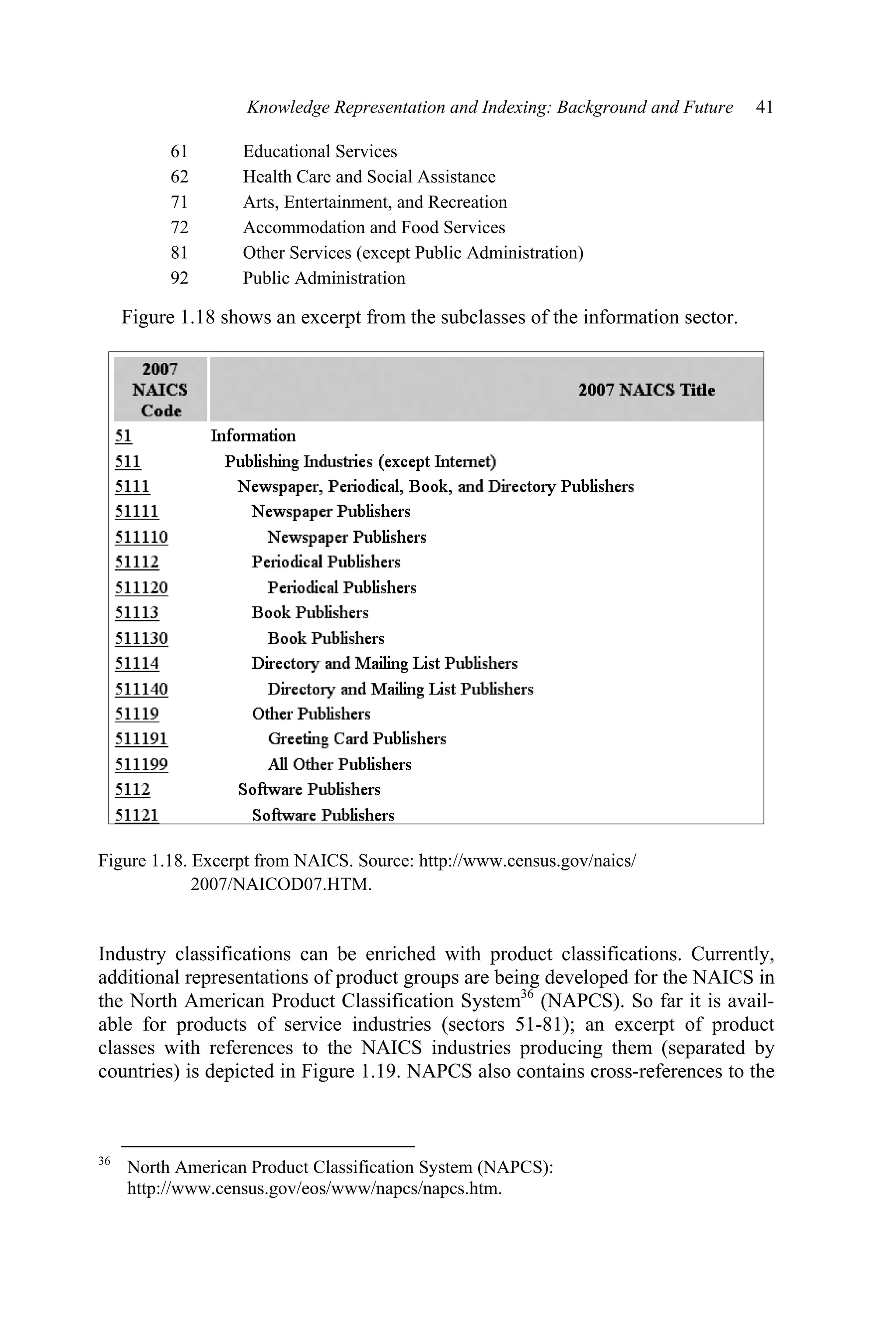 Knowledge Representation and Indexing: Background and Future 41
61 Educational Services
62 Health Care and Social Assistance
71 Arts, Entertainment, and Recreation
72 Accommodation and Food Services
81 Other Services (except Public Administration)
92 Public Administration
Figure 1.18 shows an excerpt from the subclasses of the information sector.
Figure 1.18. Excerpt from NAICS. Source: http://www.census.gov/naics/
2007/NAICOD07.HTM.
Industry classifications can be enriched with product classifications. Currently,
additional representations of product groups are being developed for the NAICS in
the North American Product Classification System36
(NAPCS). So far it is avail-
able for products of service industries (sectors 51-81); an excerpt of product
classes with references to the NAICS industries producing them (separated by
countries) is depicted in Figure 1.19. NAPCS also contains cross-references to the
36
North American Product Classification System (NAPCS):
http://www.census.gov/eos/www/napcs/napcs.htm.
 