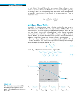 148
STEADY HEAT CONDUCTION
on both sides of the wall. The surface temperature of the wall can be deter-
mined as described above using the thermal resistance concept, but by taking
the surface at which the temperature is to be determined as one of the terminal
surfaces. For example, once Q
#
is evaluated, the surface temperature T1 can be
determined from
Q
#
5
Tq1 2 T1
Rconv, 1
5
Tq1 2 T1
1/h1 A
(3–20)
Multilayer Plane Walls
In practice we often encounter plane walls that consist of several layers of
different materials. The thermal resistance concept can still be used to deter-
mine the rate of steady heat transfer through such composite walls. As you
may have already guessed, this is done by simply noting that the conduction
resistance of each wall is L/kA connected in series, and using the electrical
analogy. That is, by dividing the temperature difference between two surfaces
at known temperatures by the total thermal resistance between them.
Consider a plane wall that consists of two layers (such as a brick wall with
a layer of insulation). The rate of steady heat transfer through this two-layer
composite wall can be expressed as (Fig. 3–9)
Q
#
5
Tq1 2 Tq2
Rtotal
(3–21)
where Rtotal is the total thermal resistance, expressed as
Rtotal 5 Rconv, 1 1 Rwall, 1 1 Rwall, 2 1 Rconv, 2
5
1
h1 A
1
L1
k1 A
1
L2
k2 A
1
1
h2 A
(3–22)
Wall 1 Wall 2
T`1
T`2
T`2
T`1
T1 T2
L1
k2
k1
T3
Rwall,1
L1
k1A
T1
A T2
T3
h2
h1
= —–– Rwall,2
L2
k2A
= —–– Rconv,2
1
h2A
= —––
Rconv,1
1
h1A
= —––
Q
·
L2
FIGURE 3–9
The thermal resistance network for
heat transfer through a two-layer
plane wall subjected to convection on
both sides.
 
