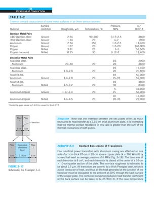156
STEADY HEAT CONDUCTION
Discussion Note that the interface between the two plates offers as much
resistance to heat transfer as a 2.15-cm-thick aluminum plate. It is interesting
that the thermal contact resistance in this case is greater than the sum of the
thermal resistances of both plates.
EXAMPLE 3–5 Contact Resistance of Transistors
Four identical power transistors with aluminum casing are attached on one
side of a 1-cm-thick 20-cm 3 20-cm square copper plate (k 5 386 W/m·K) by
screws that exert an average pressure of 6 MPa (Fig. 3–18). The base area of
each transistor is 8 cm2
, and each transistor is placed at the center of a 10-cm
3 10-cm quarter section of the plate. The interface roughness is estimated to
be about 1.5 mm. All transistors are covered by a thick Plexiglas layer, which is
a poor conductor of heat, and thus all the heat generated at the junction of the
transistor must be dissipated to the ambient at 20°C through the back surface
of the copper plate. The combined convection/radiation heat transfer coefficient
at the back surface can be taken to be 25 W/m2
·K. If the case temperature
Plate
1
1 cm
Plate
2
1 cm
Plate
1
Equivalent
aluminum
layer
1 cm
Plate
2
2.15 cm 1 cm
Interface
FIGURE 3–17
Schematic for Example 3–4.
TABLE 3–2
Thermal contact conductance of some metal surfaces in air (from various sources)
Surface Pressure, hc,*
Material condition Roughness, mm Temperature, 8C MPa W/m2
·K
Identical Metal Pairs
416 Stainless steel Ground 2.54 90–200 0.17–2.5 3800
304 Stainless steel Ground 1.14 20 4–7 1900
Aluminum Ground 2.54 150 1.2–2.5 11,400
Copper Ground 1.27 20 1.2–20 143,000
Copper Milled 3.81 20 1–5 55,500
Copper (vacuum) Milled 0.25 30 0.17–7 11,400
Dissimilar Metal Pairs
Stainless steel– 10 2900
Aluminum 20–30 20 20 3600
Stainless steel– 10 16,400
Aluminum 1.0–2.0 20 20 20,800
Steel Ct-30– 10 50,000
Aluminum Ground 1.4–2.0 20 15–35 59,000
Steel Ct-30– 10 4800
Aluminum Milled 4.5–7.2 20 30 8300
5 42,000
Aluminum-Copper Ground 1.17–1.4 20 15 56,000
10 12,000
Aluminum-Copper Milled 4.4–4.5 20 20–35 22,000
*Divide the given values by 5.678 to convert to Btu/h·ft2
·8F.
 