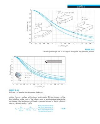 179
CHAPTER 3
adding fins on a surface will enhance heat transfer. The performance of the
fins is judged on the basis of the enhancement in heat transfer relative to the
no-fin case. The performance of fins is expressed in terms of the fin effective-
ness efin defined as (Fig. 3–45)
efin 5
Q
#
fin
Q
#
no fin
5
Q
#
fin
hAb (Tb 2 Tq)
5
Heat transfer rate from
the fin of base area Ab
Heat transfer rate from
the surface of area Ab
(3–78)
FIGURE 3–44
Efficiency of annular fins of constant thickness t.
0.9
0.8
0.7
0.6
0.5
0.4
0.3
0.2
0.1
0.2 0.4 0.6 0.8 1 1.2 1.4 1.6 1.8 2 2.2 2.4 2.6 2.8
r2c = r2 + t/2
Lc = L + t/2
Ap = Lct
0 3
1
Fin
efficiency,
h
fin
0
2
3
5
1 = r2c/r1
4
r2
r1
t
L
j = Lc
3/2(h/kAp)1/2
FIGURE 3–43
Efficiency of straight fins of rectangular, triangular, and parabolic profiles.
0.9
0.8
0.7
0.6
0.5
0.4
0.3
0.2
0.2 0.4 0.6 0.8 1 1.2 1.4 1.6 1.8 2 2.2 2.4 2.6 2.8
0 3
j = Lc
3/2(h/kAp)1/2
1
Fin
efficiency,
h
fin
w
L
t
t
w
L
t
L
w
Lc = L
Ap = Lct/3 y = (t/2) (1 – x/L)2
Lc = L
Ap = Lct/2
x
Lc = L + t/2
Ap = Lct
 