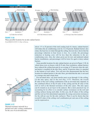 202
STEADY HEAT CONDUCTION
about 15 to 25 percent of the total cooling load of a house, radiant barriers
will reduce the air conditioning costs by 2 to 10 percent. Radiant barriers also
reduce the heat loss in winter through the ceiling, but tests have shown that the
percentage reduction in heat losses is less. As a result, the percentage
reduction in heating costs will be less than the reduction in the air-
conditioning costs. Also, the values given are for new and undusted radiant
barrier installations, and percentages will be lower for aged or dusty radiant
barriers.
Some possible locations for attic radiant barriers are given in Figure 3–56. In
whole house tests on houses with R-19 attic floor insulation, radiant barriers
have reduced the ceiling heat gain by an average of 35 percent when the radi-
ant barrier is installed on the attic floor, and by 24 percent when it is attached
to the bottom of roof rafters. Test cell tests also demonstrated that the best
location for radiant barriers is the attic floor, provided that the attic is not used
as a storage area and is kept clean.
For unvented attics, any heat transfer must occur through (1) the ceiling,
(2) the attic space, and (3) the roof (Fig. 3–57). Therefore, the overall
R-value of the roof–ceiling combination with an unvented attic depends on
the combined effects of the R-value of the ceiling and the R-value of the
roof as well as the thermal resistance of the attic space. The attic space
can be treated as an air layer in the analysis. But a more practical way of
accounting for its effect is to consider surface resistances on the roof and
ceiling surfaces facing each other. In this case, the R-values of the ceiling
and the roof are first determined separately (by using convection resistances
for the still-air case for the attic surfaces). Then it can be shown that the
overall R-value of the ceiling–roof combination per unit area of the ceiling
can be expressed as
R 5 Rceiling 1 Rroof a
Aceiling
Aroof
b (3–96)
Rroof
Rceiling
To
Ti
Deck
Shingles
Rafter
Attic
Ceiling joist
Aroof
Tattic
Aceiling
FIGURE 3–57
Thermal resistance network for a
pitched roof–attic–ceiling combination
for the case of an unvented attic.
FIGURE 3–56
Three possible locations for an attic radiant barrier.
From DOE/CE-0335P, U.S. Dept. of Energy.
(a) Under the roof deck (b) At the bottom of rafters (c) On top of attic floor insulation
Air space
Rafter Rafter
Roof decking
Radiant
barrier
Roof decking Roof decking
Joist
Joist
Joist Insulation
Insulation
Insulation
Radiant
barrier
Radiant
barrier
Rafter
 