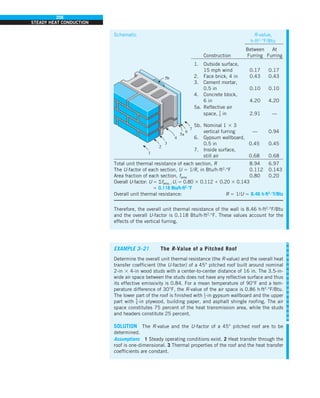 206
STEADY HEAT CONDUCTION
Schematic R-value,
h·ft2
·°F/Btu
Between At
Construction Furring Furring
1. Outside surface,
15 mph wind 0.17 0.17
2. Face brick, 4 in 0.43 0.43
3. Cement mortar,
0.5 in 0.10 0.10
4. Concrete block,
6 in 4.20 4.20
5a. Reflective air
space, 3
4 in 2.91 —
5b. Nominal 1 3 3
vertical furring — 0.94
6. Gypsum wallboard,
0.5 in 0.45 0.45
7. Inside surface,
still air 0.68 0.68
Total unit thermal resistance of each section, R 8.94 6.97
The U-factor of each section, U 5 1/R, in Btu/h·ft2
·°F 0.112 0.143
Area fraction of each section, farea 0.80 0.20
Overall U-factor: U 5 ofarea, i Ui 5 0.80 3 0.112 1 0.20 3 0.143
5 0.118 Btu/h·ft2
·°F
Overall unit thermal resistance: R 5 1/U 5 8.46 h·ft2
·°F/Btu
Therefore, the overall unit thermal resistance of the wall is 8.46 h·ft2
·°F/Btu
and the overall U-factor is 0.118 Btu/h·ft2
·°F. These values account for the
effects of the vertical furring.
7
6
5a
4
3
2
1
5b
EXAMPLE 3–21 The R-Value of a Pitched Roof
Determine the overall unit thermal resistance (the R-value) and the overall heat
transfer coefficient (the U-factor) of a 45° pitched roof built around nominal
2-in 3 4-in wood studs with a center-to-center distance of 16 in. The 3.5-in-
wide air space between the studs does not have any reflective surface and thus
its effective emissivity is 0.84. For a mean temperature of 90°F and a tem-
perature difference of 30°F, the R-value of the air space is 0.86 h·ft2
·°F/Btu.
The lower part of the roof is finished with 1
2-in gypsum wallboard and the upper
part with 5
8-in plywood, building paper, and asphalt shingle roofing. The air
space constitutes 75 percent of the heat transmission area, while the studs
and headers constitute 25 percent.
SOLUTION The R-value and the U-factor of a 45° pitched roof are to be
determined.
Assumptions 1 Steady operating conditions exist. 2 Heat transfer through the
roof is one-dimensional. 3 Thermal properties of the roof and the heat transfer
coefficients are constant.
 