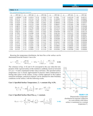 263
CHAPTER 4
Knowing the temperature distribution, the heat flux at the surface can be
determined from the Fourier’s law to be
q
#
s 5 2k
0T
0x
`
x50
5 2k
dT
dh
0h
0x
`
h50
5 2kC1e2h2 1
4at
`
h50
5
k(Ts 2 Ti)
pat
(4–44)
The solutions in Eqs. 4–42 and 4–44 correspond to the case when the tem-
perature of the exposed surface of the medium is suddenly raised (or lowered)
to Ts at t 5 0 and is maintained at that value at all times. The specified surface
temperature case is closely approximated in practice when condensation or
boiling takes place on the surface. Using a similar approach or the Laplace
transform technique, analytical solutions can be obtained for other boundary
conditions on the surface, with the following results.
Case 1: Specified Surface Temperature, Ts 5 constant (Fig. 4–29).
T(x, t) 2 Ti
Ts 2 Ti
5 erfc °
x
2at
¢ and q
#
s(t) 5
k(Ts 2 Ti)
pat
(4–45)
Case 2: Specified Surface Heat Flux, q
#
s 5 constant.
T(x, t) 2 Ti 5
q
#
s
k
C
Å
4at
p
expa
2
x2
4at
b 2 xerfc °
x
2at
¢ S (4–46)
FIGURE 4–29
Dimensionless temperature
distribution for transient conduction
in a semi-infinite solid whose
surface is maintained at a constant
temperature Ts.
T − Ti
Ts − Ti
1.0
0.8
0.6
0.4
0.2
0.0
0.0 0.5 1.0 1.5 2.0
h x
4at
=
erfc(h)
TABLE 4–4
The complementary error function
h erfc (h) h erfc (h) h erfc (h) h erfc (h) h erfc (h) h erfc (h)
0.00 1.00000 0.38 0.5910 0.76 0.2825 1.14 0.1069 1.52 0.03159 1.90 0.00721
0.02 0.9774 0.40 0.5716 0.78 0.2700 1.16 0.10090 1.54 0.02941 1.92 0.00662
0.04 0.9549 0.42 0.5525 0.80 0.2579 1.18 0.09516 1.56 0.02737 1.94 0.00608
0.06 0.9324 0.44 0.5338 0.82 0.2462 1.20 0.08969 1.58 0.02545 1.96 0.00557
0.08 0.9099 0.46 0.5153 0.84 0.2349 1.22 0.08447 1.60 0.02365 1.98 0.00511
0.10 0.8875 0.48 0.4973 0.86 0.2239 1.24 0.07950 1.62 0.02196 2.00 0.00468
0.12 0.8652 0.50 0.4795 0.88 0.2133 1.26 0.07476 1.64 0.02038 2.10 0.00298
0.14 0.8431 0.52 0.4621 0.90 0.2031 1.28 0.07027 1.66 0.01890 2.20 0.00186
0.16 0.8210 0.54 0.4451 0.92 0.1932 1.30 0.06599 1.68 0.01751 2.30 0.00114
0.18 0.7991 0.56 0.4284 0.94 0.1837 1.32 0.06194 1.70 0.01612 2.40 0.00069
0.20 0.7773 0.58 0.4121 0.96 0.1746 1.34 0.05809 1.72 0.01500 2.50 0.00041
0.22 0.7557 0.60 0.3961 0.98 0.1658 1.36 0.05444 1.74 0.01387 2.60 0.00024
0.24 0.7343 0.62 0.3806 1.00 0.1573 1.38 0.05098 1.76 0.01281 2.70 0.00013
0.26 0.7131 0.64 0.3654 1.02 0.1492 1.40 0.04772 1.78 0.01183 2.80 0.00008
0.28 0.6921 0.66 0.3506 1.04 0.1413 1.42 0.04462 1.80 0.01091 2.90 0.00004
0.30 0.6714 0.68 0.3362 1.06 0.1339 1.44 0.04170 1.82 0.01006 3.00 0.00002
0.32 0.6509 0.70 0.3222 1.08 0.1267 1.46 0.03895 1.84 0.00926 3.20 0.00001
0.34 0.6306 0.72 0.3086 1.10 0.1198 1.48 0.03635 1.86 0.00853 3.40 0.00000
0.36 0.6107 0.74 0.2953 1.12 0.1132 1.50 0.03390 1.88 0.00784 3.60 0.00000
 