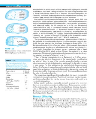 22
INTRODUCTION AND BASIC CONCEPTS
widespread use in the electronics industry. Despite their higher price, diamond
heat sinks are used in the cooling of sensitive electronic components because
of the excellent thermal conductivity of diamond. Silicon oils and gaskets are
commonly used in the packaging of electronic components because they pro-
vide both good thermal contact and good electrical insulation.
Pure metals have high thermal conductivities, and one would think that
metal alloys should also have high conductivities. One would expect an alloy
made of two metals of thermal conductivities k1 and k2 to have a conductiv-
ity k between k1 and k2. But this turns out not to be the case. The thermal
conductivity of an alloy of two metals is usually much lower than that of
either metal, as shown in Table 1–2. Even small amounts in a pure metal of
“foreign” molecules that are good conductors themselves seriously disrupt the
transfer of heat in that metal. For example, the thermal conductivity of steel
containing just 1 percent of chrome is 62 W/m·K, while the thermal conduc-
tivities of iron and chromium are 83 and 95 W/m·K, respectively.
The thermal conductivities of materials vary with temperature (Table 1–3).
The variation of thermal conductivity over certain temperature ranges is neg-
ligible for some materials, but significant for others, as shown in Fig. 1–31.
The thermal conductivities of certain solids exhibit dramatic increases at
temperatures near absolute zero, when these solids become superconductors.
For example, the conductivity of copper reaches a maximum value of about
20,000 W/m·K at 20 K, which is about 50 times the conductivity at room
temperature. The thermal conductivities and other thermal properties of vari-
ous materials are given in Tables A–3 to A–17.
Values of thermal conductivity given in Tables A–3 to A–17 are appro-
priate when the physical dimensions of the material under consideration
are relatively large. In some of the emerging areas of technology, such as
microelectronics, the physical dimensions are typically in the order of micro
or nano meters. For these applications the small physical dimensions most
likely will influence the value of thermal conductivity in the solid and liquid
states. In these situations, as the physical dimensions decrease, the average net
distance traveled by the energy carriers typically decreases and this reduces
the value of thermal conductivity.
The temperature dependence of thermal conductivity causes considerable
complexity in conduction analysis. Therefore, it is common practice to evalu-
ate the thermal conductivity k at the average temperature and treat it as a
constant in calculations.
In heat transfer analysis, a material is normally assumed to be isotropic;
that is, to have uniform properties in all directions. This assumption is realis-
tic for most materials, except those that exhibit different structural character-
istics in different directions, such as laminated composite materials and wood.
The thermal conductivity of wood across the grain, for example, is different
than that parallel to the grain.
Thermal Diffusivity
The product rcp, which is frequently encountered in heat transfer analysis,
is called the heat capacity of a material. Both the specific heat cp and the
heat capacity rcp represent the heat storage capability of a material. But cp
expresses it per unit mass whereas rcp expresses it per unit volume, as can be
noticed from their units J/kg·K and J/m3
·K, respectively.
TABLE 1–2
The thermal conductivity of an
alloy is usually much lower than
the thermal conductivity of either
metal of which it is composed
Pure metal or k, W/m·K,
alloy at 300 K
Copper 401
Nickel 91
Constantan
(55% Cu, 45% Ni) 23
Copper 401
Aluminum 237
Commercial bronze
(90% Cu, 10% Al) 52
• Molecular
collisions
• Molecular
diffusion
• Molecular
collisions
• Molecular
diffusion
• Lattice vibrations
• Flow of free
electrons
electrons
Solid
Liquid
Gas
FIGURE 1–30
The mechanisms of heat conduction in
different phases of a substance.
 