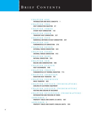 vi
c h a p t e r o n e
INTRODUCTION AND BASIC CONCEPTS 1
c h a p t e r t w o
HEAT CONDUCTION EQUATION 67
c h a p t e r t h r e e
STEADY HEAT CONDUCTION 142
c h a p t e r f o u r
TRANSIENT HEAT CONDUCTION 237
c h a p t e r f i v e
NUMERICAL METHODS IN HEAT CONDUCTION 307
c h a p t e r s i x
FUNDAMENTALS OF CONVECTION 379
c h a p t e r s e v e n
EXTERNAL FORCED CONVECTION 424
c h a p t e r e i g h t
INTERNAL FORCED CONVECTION 473
c h a p t e r n i n e
NATURAL CONVECTION 533
c h a p t e r t e n
BOILING AND CONDENSATION 598
c h a p t e r e l e v e n
HEAT EXCHANGERS 649
c h a p t e r t w e l v e
FUNDAMENTALS OF THERMAL RADIATION 715
c h a p t e r t h i r t e e n
RADIATION HEAT TRANSFER 767
c h a p t e r f o u r t e e n
MASS TRANSFER 835
c h a p t e r f i f t e e n ( w e b c h a p t e r )
COOLING OF ELECTRONIC EQUIPMENT
c h a p t e r s i x t e e n ( w e b c h a p t e r )
HEATING AND COOLING OF BUILDINGS
c h a p t e r s e v e n t e e n ( w e b c h a p t e r )
REFRIGERATION AND FREEZING OF FOODS
a p p e n d i x 1
PROPERTY TABLES AND CHARTS (SI UNITS) 907
a p p e n d i x 2
PROPERTY TABLES AND CHARTS (ENGLISH UNITS) 935
B r i e f C o n t e n t s
 