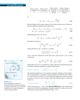 74
HEAT CONDUCTION EQUATION
£
Rate of heat
conduction
at x
≥ 2 £
Rate of heat
conduction
at x 1 Dx
≥ 1 §
Rate of heat
¥ 5 §
Rate of change
¥
generation of the energy
inside the content of the
element element
or
Q
·
x 2 Q
·
x 1 Dx 1 E
·
gen, element 5
DEelement
Dt
(2–6)
But the change in the energy content of the element and the rate of heat gen-
eration within the element can be expressed as
DEelement 5 Et 1 Dt 2 Et 5 mc(Tt 1 Dt 2 Tt) 5 rcADx(Tt 1 Dt 2 Tt) (2–7)
E
·
gen, element 5 e
·
genVelement 5 e
·
genADx (2–8)
Substituting into Eq. 2–6, we get
Q
·
x 2 Q
·
x 1 Dx 1 e
·
genADx 5 rcADx
Tt 1 Dt 2 Tt
Dt
(2–9)
Dividing by ADx gives
2
1
A
Q
#
x1Dx 2 Q
#
x
Dx
1 e
·
gen 5 rc
Tt 1 Dt 2 Tt
Dt
(2–10)
Taking the limit as Dx S 0 and Dt S 0 yields
1
A
0
0x
akA
0T
0x
b 1 e
·
gen 5 rc
0T
0t
(2–11)
since, from the definition of the derivative and Fourier’s law of heat
conduction,
lim
Dx S 0
Q
#
x1Dx 2 Q
#
x
Dx
5
0Q
#
0x
5
0
0x
a2kA
0T
0x
b (2–12)
Noting that the area A is constant for a plane wall, the one-dimensional tran-
sient heat conduction equation in a plane wall becomes
Variable conductivity:
0
0x
ak
0T
0x
b 1 e
·
gen 5 rc
0T
0t
(2–13)
The thermal conductivity k of a material, in general, depends on the tempera-
ture T (and therefore x), and thus it cannot be taken out of the derivative. How-
ever, the thermal conductivity in most practical applications can be assumed
to remain constant at some average value. The equation above in that case
reduces to
Constant conductivity:
02
T
0x2
1
e
#
gen
k
5
1
a
0T
0t
(2–14)
where the property a 5 k/rc is the thermal diffusivity of the material and
represents how fast heat propagates through a material. It reduces to the fol-
lowing forms under specified conditions (Fig. 2–13):
FIGURE 2–13
The simplification of the one-
dimensional heat conduction equation
in a plane wall for the case of constant
conductivity for steady conduction
with no heat generation.
General, one-dimensional:
Steady, one-dimensional:
No
generation
Steady-
state
02
T
0x2
d2
T
dx2
egen
k
1
a
0T
0t
+ =
= 0
0
0
·
 