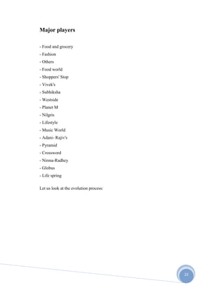 22
Major players
- Food and grocery
- Fashion
- Others
- Food world
- Shoppers' Stop
- Vivek's
- Subhiksha
- Westside
- Planet M
- Nilgris
- Lifestyle
- Music World
- Adani- Rajiv's
- Pyramid
- Crossword
- Nirma-Radhey
- Globus
- Life spring
Let us look at the evolution process:
 