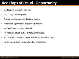 • Inadequate internal controls.
• Too “cozy” with suppliers.
• Annual vacation or sick days not taken.
• Weak management or excessive turnover.
• Ineffective or no internal audit.
• No rotation of job duties among employees.
• Procedures not well understood/always in crisis mode.
• Large amounts of cash on hand or processed.
© 2015 All Rights Reserved Brown Smith Wallace LLC
Red Flags of Fraud - Opportunity
 