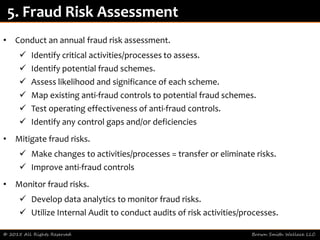 • Conduct an annual fraud risk assessment.
 Identify critical activities/processes to assess.
 Identify potential fraud schemes.
 Assess likelihood and significance of each scheme.
 Map existing anti-fraud controls to potential fraud schemes.
 Test operating effectiveness of anti-fraud controls.
 Identify any control gaps and/or deficiencies
• Mitigate fraud risks.
 Make changes to activities/processes = transfer or eliminate risks.
 Improve anti-fraud controls
• Monitor fraud risks.
 Develop data analytics to monitor fraud risks.
 Utilize Internal Audit to conduct audits of risk activities/processes.
© 2015 All Rights Reserved Brown Smith Wallace LLC
5. Fraud Risk Assessment
 