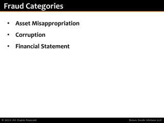 © 2015 All Rights Reserved Brown Smith Wallace LLC
Fraud Categories
• Asset Misappropriation
• Corruption
• Financial Statement
 