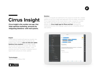 Cirrus Insight
Cirrus Insight is the number one app that
helps optimize marketing processes by
integrating Salesforce with mail systems.
Solution
A team of 7-9 people was dedicated to this project to transfer the complex
systems of The Cirrus Insight web application into the mobile environment.
Cirrus Insight Mobile has 60 screens which is really massive for a mobile
app. At the same time it does not clog the server. Just like the web
solution, the Cirrus Insight apps for iPhone and iPad developed by
Intellectsoft provide multi-language support and are compatible with all
mail systems.
Impact
Tireless work of Intellectsoft team has resulted into
a successful iOS solution highly assessed by the
product owner. Now iOS users can view and update
Salesforce from anywhere. Cirrus Insight Mobile
lets you add new leads and contacts, edit existing
leads, accounts, opportunities, contacts, cases,
activities and more! The project is keeping trace of
Apple trends and pursues timely updates.
Technologies
Objective C, iOS, iPhone, iPad
 
