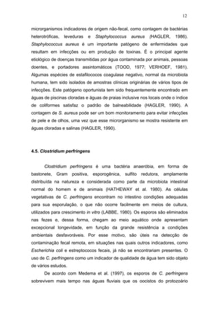 12
microrganismos indicadores de origem não-fecal, como contagem de bactérias
heterotróficas, leveduras e Staphylococcus aureus (HAGLER, 1986).
Staphylococcus aureus é um importante patógeno de enfermidades que
resultam em infecções ou em produção de toxinas. É o principal agente
etiológico de doenças transmitidas por água contaminada por animais, pessoas
doentes, e portadores assintomáticos (TOOD, 1977; VERHOEF, 1981).
Algumas espécies de estafilococos coagulase negativo, normal da microbiota
humana, tem sido isolados de amostras clínicas originárias de vários tipos de
infecções. Este patógeno oportunista tem sido frequentemente encontrado em
águas de piscinas cloradas e águas de praias inclusive nos locais onde o índice
de coliformes satisfaz o padrão de balneabilidade (HAGLER, 1990). A
contagem de S. aureus pode ser um bom monitoramento para evitar infecções
de pele e de olhos, uma vez que esse microrganismo se mostra resistente em
águas cloradas e salinas (HAGLER, 1990).
4.5. Clostridium perfringens
Clostridium perfringens é uma bactéria anaeróbia, em forma de
bastonete, Gram positiva, esporogênica, sulfito redutora, amplamente
distribuída na natureza e considerada como parte da microbiota intestinal
normal do homem e de animais (HATHEWAY et al. 1980). As células
vegetativas de C. perfringens encontram no intestino condições adequadas
para sua esporulação, o que não ocorre facilmente em meios de cultura,
utilizados para crescimento in vitro (LABBE, 1980). Os esporos são eliminados
nas fezes e, dessa forma, chegam ao meio aquático onde apresentam
excepcional longevidade, em função da grande resistência a condições
ambientais desfavoráveis. Por esse motivo, são úteis na detecção de
contaminação fecal remota, em situações nas quais outros indicadores, como
Escherichia coli e estreptococos fecais, já não se encontrariam presentes. O
uso de C. perfringens como um indicador de qualidade de água tem sido objeto
de vários estudos.
De acordo com Medema et al. (1997), os esporos de C. perfringens
sobrevivem mais tempo nas águas fluviais que os oocistos do protozoário
 