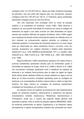 15
contagens entre 10 e 50 UFC/100 mL. Águas que estão recebendo descargas
de poluentes, mas que ainda são seguras para uso recreacional, possuem
contagens entre 50 e 100 UFC por 100 mL. E, finalmente, águas eutrofizadas
apresentam contagens acima de 100 UFC/100 mL.
Tem sido observada uma correlação entre os níveis de poluição
orgânica e as populações de leveduras. Cooke (1963, 1965) observou a
existência de uma grande diversidade de leveduras em todos os estágios de
tratamento de esgoto e que estas ocorriam em altas densidades em águas
naturais que recebiam efluentes de esgotos domésticos. Quinn (1984) sugere
que a presença de elevado número de leveduras poderia ser utilizada como um
bom indicador de enriquecimento orgânico periódico ou localizado em
ambientes aquáticos. A composição da microbiota fúngica em um corpo d’água
pode ser influenciada por vários parâmetros físicos e químicos, como por
exemplo, temperatura, pH, oxigênio dissolvido e fosfatos totais dissolvidos
(WOOLLETT et al., 1970; SIMARD & BLACKWOOD, 1971 a, b; QUINN, 1984;
HAGLER et al., 1986; FUJITA et al., 1987; ROSA et al., 1990, 1995; MORAIS
et al., 1996).
Segundo Bärlocher (1982) ecossistemas aquáticos com dados físicos e
químicos semelhantes apresentam elevado grau de similaridade quanto à
diversidade de espécies de fungos. Rosa et al. (1995) e Morais et al. (1996)
não encontraram correlação significativa entre a freqüência de espécies de
leveduras e as variáveis físico-químicas para os lagos da região de Lagoa
Santa, Minas Gerais. Medeiros (2002) em estudo realizado em lagos e rios da
Bacia do rio Doce encontrou correlação significativa entre as contagens de
leveduras e as concentrações de fósforo solúvel reativo e nitrato no lago Dom
Helvécio. Na lagoa Carioca as contagens de leveduras apresentaram
correlação com temperatura, pH, amônia e luz.
Um elevado número de espécies de leveduras tem sido freqüentemente
isolado em ambientes aquáticos, observando-se o predomínio dos gêneros
Aureobasidium, Candida, Cryptococcus, Rhodotorula, Saccharomyces e
Trichosporon, sendo que a maioria das espécies destes gêneros está
associada a plantas, solos ou fontes de poluição orgânica (MEDEIROS, 2005).
As leveduras pertencentes ao gênero Cryptococcus e as leveduras negras
principalmente a espécie Aureobasidium pullulans são conhecidas por serem
 