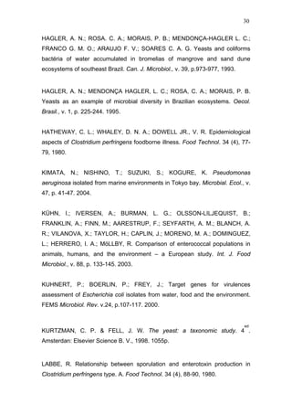 30
HAGLER, A. N.; ROSA. C. A.; MORAIS, P. B.; MENDONÇA-HAGLER L. C.;
FRANCO G. M. O.; ARAUJO F. V.; SOARES C. A. G. Yeasts and coliforms
bactéria of water accumulated in bromelias of mangrove and sand dune
ecosystems of southeast Brazil. Can. J. Microbiol., v. 39, p.973-977, 1993.
HAGLER, A. N.; MENDONÇA HAGLER, L. C.; ROSA, C. A.; MORAIS, P. B.
Yeasts as an example of microbial diversity in Brazilian ecosystems. Oecol.
Brasil., v. 1, p. 225-244. 1995.
HATHEWAY, C. L.; WHALEY, D. N. A.; DOWELL JR., V. R. Epidemiological
aspects of Clostridium perfringens foodborne illness. Food Technol. 34 (4), 77-
79, 1980.
KIMATA, N.; NISHINO, T.; SUZUKI, S.; KOGURE, K. Pseudomonas
aeruginosa isolated from marine environments in Tokyo bay. Microbial. Ecol., v.
47, p. 41-47. 2004.
KÜHN, I.; IVERSEN, A.; BURMAN, L. G.; OLSSON-LILJEQUIST, B.;
FRANKLIN, A.; FINN, M.; AARESTRUP, F.; SEYFARTH, A. M.; BLANCH, A.
R.; VILANOVA, X.; TAYLOR, H.; CAPLIN, J.; MORENO, M. A.; DOMINGUEZ,
L.; HERRERO, I. A.; MöLLBY, R. Comparison of enterococcal populations in
animals, humans, and the environment – a European study. Int. J. Food
Microbiol., v. 88, p. 133-145. 2003.
KUHNERT, P.; BOERLIN, P.; FREY, J.; Target genes for virulences
assessment of Escherichia coli isolates from water, food and the environment.
FEMS Microbiol. Rev. v.24, p.107-117. 2000.
KURTZMAN, C. P. & FELL, J. W. The yeast: a taxonomic study. 4
ed
.
Amsterdan: Elsevier Science B. V., 1998. 1055p.
LABBE, R. Relationship between sporulation and enterotoxin production in
Clostridium perfringens type. A. Food Technol. 34 (4), 88-90, 1980.
 