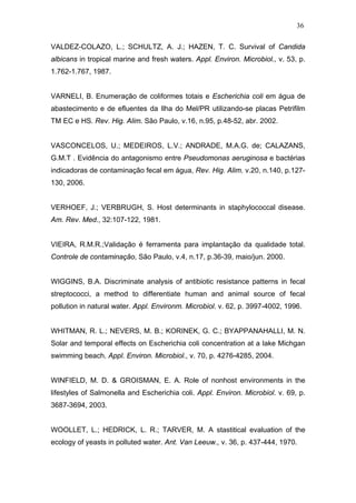 36
VALDEZ-COLAZO, L.; SCHULTZ, A. J.; HAZEN, T. C. Survival of Candida
albicans in tropical marine and fresh waters. Appl. Environ. Microbiol., v. 53, p.
1.762-1.767, 1987.
VARNELI, B. Enumeração de coliformes totais e Escherichia coli em água de
abastecimento e de efluentes da Ilha do Mel/PR utilizando-se placas Petrifilm
TM EC e HS. Rev. Hig. Alim. São Paulo, v.16, n.95, p.48-52, abr. 2002.
VASCONCELOS, U.; MEDEIROS, L.V.; ANDRADE, M.A.G. de; CALAZANS,
G.M.T . Evidência do antagonismo entre Pseudomonas aeruginosa e bactérias
indicadoras de contaminação fecal em água, Rev. Hig. Alim. v.20, n.140, p.127-
130, 2006.
VERHOEF, J.; VERBRUGH, S. Host determinants in staphylococcal disease.
Am. Rev. Med., 32:107-122, 1981.
VIEIRA, R.M.R.;Validação é ferramenta para implantação da qualidade total.
Controle de contaminação, São Paulo, v.4, n.17, p.36-39, maio/jun. 2000.
WIGGINS, B.A. Discriminate analysis of antibiotic resistance patterns in fecal
streptococci, a method to differentiate human and animal source of fecal
pollution in natural water. Appl. Environm. Microbiol. v. 62, p. 3997-4002, 1996.
WHITMAN, R. L.; NEVERS, M. B.; KORINEK, G. C.; BYAPPANAHALLI, M. N.
Solar and temporal effects on Escherichia coli concentration at a lake Michgan
swimming beach. Appl. Environ. Microbiol., v. 70, p. 4276-4285, 2004.
WINFIELD, M. D. & GROISMAN, E. A. Role of nonhost environments in the
lifestyles of Salmonella and Escherichia coli. Appl. Environ. Microbiol. v. 69, p.
3687-3694, 2003.
WOOLLET, L.; HEDRICK, L. R.; TARVER, M. A stastitical evaluation of the
ecology of yeasts in polluted water. Ant. Van Leeuw., v. 36, p. 437-444, 1970.
 