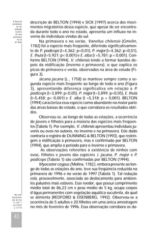 A fauna de
vertebrados
de um
banhado
costeiro
em área
periurbana
no sul
do Brasil

Rev. bras.
Zoociências
Juiz de Fora
V. 4 Nº 1
Jun/2002
p. 31-43

40

descrição de BELTON (1994) e SICK (1997) acerca dos movimentos migratórios dessa espécie, que apesar de ser encontrada durante todo o ano no estado, apresenta um influxo no inverno de indivíduos vindos do sul.
Na primavera e no verão, Vanellus chilensis (Gmelin,
1782) foi a espécie mais freqüente, diferindo significativamente de P. podiceps (t=4,362; p<0,01), P. major (t=4,362; p<0,01),
E. thula (t=5,921; p< 0,001) e E. alba (t =5,781; p < 0,001). Conforme BELTON (1994), V. chilensis tende a formar bandos depois da nidificação (inverno e primavera), o que explica os
picos de primavera e verão, observados na área de estudo (Figura 3).
Jacana jacana (L., 1758) se manteve sempre como a segunda espécie mais freqüente ao longo de todo o ano (Figura
3), apresentando diferença significativa em relação a P.
podiceps (t=3,899; p<0,05), P. major (t=3,899; p<0,05), E. thula
(t=5,458; p< 0,001) e E. alba (t =5,318; p < 0,001). BELTON
(1994) caracteriza essa espécie como abundante na maior parte
das áreas baixas do estado, o que corrobora os resultados obtidos.
Observou-se, ao longo de todas as estações, a ocorrência
de jovens e filhotes para a maioria das espécies mais freqüentes (Tabela 1). Por exemplo, V. chilensis apresentou indivíduos juvenis ou ovos no outono, no inverno e na primavera. Este dado
contraria o registro de DUNNING & BELTON (1993), que restringem a nidificação à primavera, mas é confirmado por BELTON
(1994), que amplia o período para o inverno e primavera.
As observações referentes à existência de ninhos com
ovos, filhotes e jovens das espécies J. jacana, P. major e P.
podiceps (Tabela 1) são confirmadas por BELTON (1994).
Myocastor coypus (Molina, 1782), embora presente ao longo de todas as estações do ano, teve sua freqüência reduzida na
primavera de 1996 e no verão de 1997 (Tabela 1). Tal redução
está, provavelmente, associada ao deslocamento para ambientes palustres mais estáveis. Esse roedor, que possui comprimento
médio total de 86,23 cm e peso médio de 5 kg, ocupa corpos
d’água permanentes com vegetação aquática suculenta, da qual
se alimenta (REDFORD & EISENBERG, 1992). Observou-se a
ocorrência de 5 adultos e 20 filhotes em uma única amostragem
no mês de fevereiro de 1996. Essa observação corrobora os da-

 