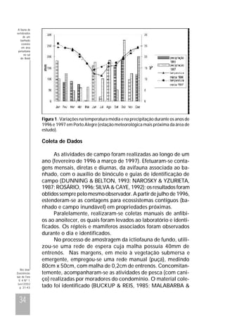 A fauna de
vertebrados
de um
banhado
costeiro
em área
periurbana
no sul
do Brasil

Figura 1. Variações na temperatura média e na precipitação durante os anos de
1996 e 1997 em Porto Alegre (estação meteorológica mais próxima da área de
estudo).

Coleta de Dados

Rev. bras.
Zoociências
Juiz de Fora
V. 4 Nº 1
Jun/2002
p. 31-43

34

As atividades de campo foram realizadas ao longo de um
ano (fevereiro de 1996 a março de 1997). Efetuaram-se contagens mensais, diretas e diurnas, da avifauna associada ao banhado, com o auxílio de binóculo e guias de identificação de
campo (DUNNING & BELTON, 1993; NAROSKY & YZURIETA,
1987; ROSÁRIO, 1996; SILVA & CAYE, 1992); os resultados foram
obtidos sempre pelo mesmo observador. A partir de julho de 1996,
estenderam-se as contagens para ecossistemas contíguos (banhado e campo inundável) em propriedades próximas.
Paralelamente, realizaram-se coletas manuais de anfíbios ao anoitecer, os quais foram levados ao laboratório e identificados. Os répteis e mamíferos associados foram observados
durante o dia e identificados.
No processo de amostragem da ictiofauna de fundo, utilizou-se uma rede de espera cuja malha possuía 40mm de
entrenós. Nas margens, em meio à vegetação submersa e
emergente, empregou-se uma rede manual (puçá), medindo
80cm x 50cm, com malha de 0,2cm de entrenós. Concomitantemente, acompanharam-se as atividades de pesca (com caniço) realizadas por moradores do condomínio. O material coletado foi identificado (BUCKUP & REIS, 1985; MALABARBA &

 