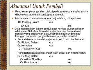 Akuntansi Untuk Pembeli
Pengakuan piutang salam diakui pada saat modal usaha salam
dibayarkan atau dialihkan kepada penjual.
Modal salam dalam bentuk kas (sejumlah yg dibayarkan)
Dr. Piutang Salam xxx
Cr. Kas xxx
Jika modal salam dalam bentuk aset nonkas diukur sebesar
nilai wajar. Selisih antara nilai wajar dan nilai tercatat aset
nonkas yang diserahkan diakui sebagai keuntungan atau
kerugian pada saat penyerahan modal usaha tersebut.
- Pencatatan apabila nilai wajar lebih kecil dari nilai tercatat:
Dr. Piutang Salam xxx
Dr. Kerugian xxx
Cr. Aktiva Non Kas xxx
- Pencatatan apabila nilai wajar lebih besar dari nilai tercatat:
Dr. Piutang Salam xxx
Cr. Aktiva Non Kas xxx
Cr. Keuntungan xxx
 