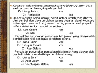 Kewajiban salam dihentikan pengakuannya (derecognation) pada
saat penyerahan barang kepada pembeli.
Dr. Utang Salam xxx
Cr. Penjualan xxx
Dalam transaksi salam paralel, selisih antara jumlah yang dibayar
oleh pembeli dan biaya perolehan barang pesanan diakui keuntung
an/kerugian pada saat penyerahan barang pesanan oleh penjual.
- Pencatatan ketika membeli persediaan:
Dr. Aset Salam xxx
Cr. Kas xxx
- Pencatatan penyerahan persediaan bila jumlah yang dibayar oleh
pembeli lebih kecil dari biaya perolehan barang.
Dr. Utang Salam xxx
Dr. Kerugian Salam xxx
Cr. Aset Salam xxx
- Pencatatan penyerahan persediaan bila jumlah yang dibayar oleh
pembeli lebih besar dari biaya perolehan barang
Dr. Utang Salam xxx
Cr. Aset Salam xxx
Cr. Keuntungan Salam xxx
 
