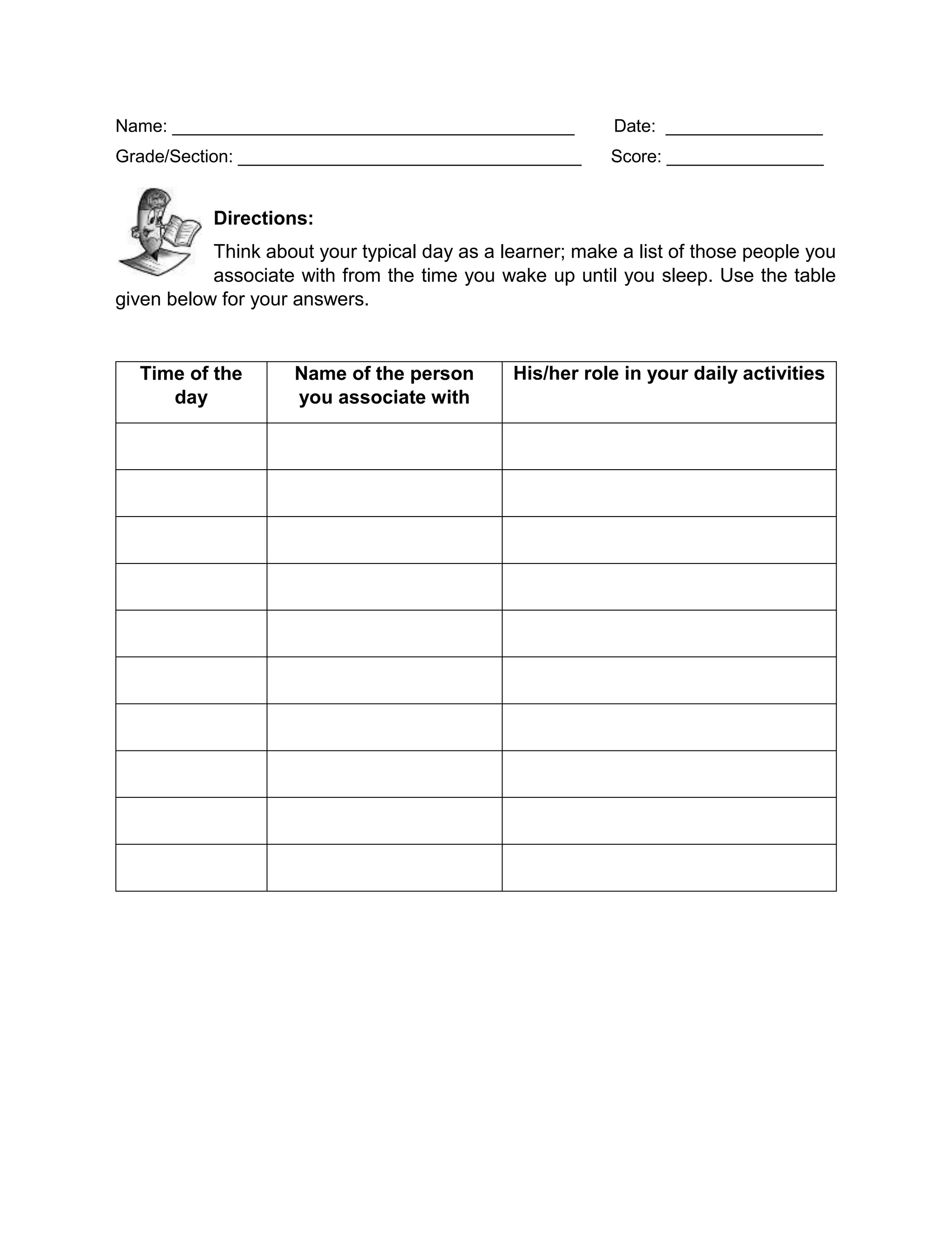 Name: _________________________________________ Date: ________________
Grade/Section: ___________________________________ Score: ________________
Directions:
Think about your typical day as a learner; make a list of those people you
associate with from the time you wake up until you sleep. Use the table
given below for your answers.
Time of the
day
Name of the person
you associate with
His/her role in your daily activities
 