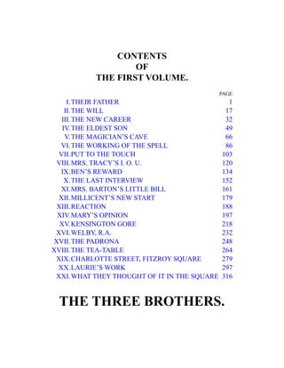 CONTENTS
OF
THE FIRST VOLUME.
PAGE
I.THEIR FATHER 1
II.THE WILL 17
III.THE NEW CAREER 32
IV.THE ELDEST SON 49
V.THE MAGICIAN’S CAVE 66
VI.THE WORKING OF THE SPELL 86
VII.PUT TO THE TOUCH 103
VIII.MRS. TRACY’S I. O. U. 120
IX.BEN’S REWARD 134
X.THE LAST INTERVIEW 152
XI.MRS. BARTON’S LITTLE BILL 161
XII.MILLICENT’S NEW START 179
XIII.REACTION 188
XIV.MARY’S OPINION 197
XV.KENSINGTON GORE 218
XVI.WELBY, R.A. 232
XVII.THE PADRONA 248
XVIII.THE TEA-TABLE 264
XIX.CHARLOTTE STREET, FITZROY SQUARE 279
XX.LAURIE’S WORK 297
XXI.WHAT THEY THOUGHT OF IT IN THE SQUARE 316
THE THREE BROTHERS.
 