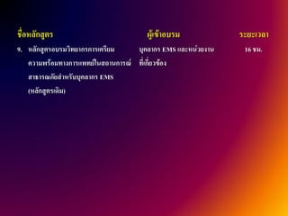 ชื่อหลักสูตร                          ผู้เข้าอบรม            ระยะเวลา
9. หลักสูตรอบรมวิทยากรการเตรียม    บุคลากร EMS และหน่วยงาน    16 ชม.
   ความพร้อมทางการแพทย์ในสถานการณ์ ที่เกี่ยวข้อง
   สาธารณภัยสาหรับบุคลากร EMS
   (หลักสูตรเดิม)
 
