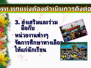 3 .   ส่งเสริมและร่วมมือกับ หน่วยงานต่างๆ จัดการศึกษาทางเลือก ให้แก่นักเรียน สพท . ทุกแห่งต้องดำเนินการดังต่อไปนี้ 