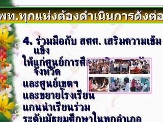 4 .   ร่วมมือกับ สศศ .  เสริมความเข้มแข็ง ให้แก่ศูนย์การศึกษาพิเศษระดับจังหวัด และศูนย์เขตฯ และขยายโรงเรียน แกนนำเรียนร่วม ระดับมัธยมศึกษาในทุกอำเภอ สพท . ทุกแห่งต้องดำเนินการดังต่อไปนี้ 