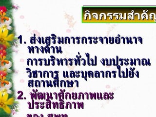 1.  ส่งเสริมการกระจายอำนาจทางด้าน การบริหารทั่วไป งบประมาณ  วิชาการ และบุคลากรไปยังสถานศึกษา 2.  พัฒนาศักยภาพและประสิทธิภาพ ของ สพท . กิจกรรมสำคัญ 