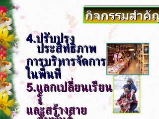 4. ปรับปรุงประสิทธิภาพ การบริหารจัดการ ในพื้นที่ 5. แลกเปลี่ยนเรียนรู้ และสร้างสายสัมพันธ์ แห่งความเป็นไทย กิจกรรมสำคัญ 