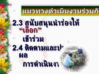 แนวทางดำเนินงานร่วมกัน 2.3  สนับสนุนนำร่องให้   “เลือก”   เข้าร่วม 2.4  ติดตามและประเมินผล การดำเนินงาน 