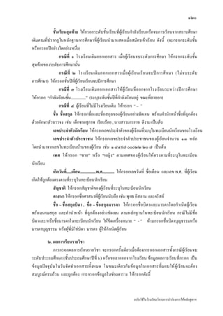 ๑๒๐

              ชั้นเรียนสุดทาย ใหกรอกระดับชั้นเรียนที่ผูเรียนกําลังเรียนหรือจบการเรียนจากสถานศึกษา
เดิมตามที่ปรากฏในหลักฐานการศึกษาที่ผูเรียนนํามาแสดงเมื่อสมัครเขาเรียน ดังนี้ (จะกรอกระดับชั้น
หรือกรอกปอยางใดอยางหนึ่ง)
                   กรณีที่ ๑ โรงเรียนเดิมออกเอกสาร เมื่อผูเรียนจบระดับการศึกษา ใหกรอกระดับชั้น
สุดทายของระดับการศึกษานั้น
                   กรณี ท่ี ๒ โรงเรี ย นเดิ ม ออกเอกสารเมื่ อ ผู เ รี ย นเรี ย นจบป ก ารศึ ก ษา (ไม จ บระดั บ
การศึกษา) ใหกรอกชั้นปที่ผูเรียนเรียนจบปการศึกษา
                   กรณีที่ ๓ โรงเรียนเดิมออกเอกสารใหผูเรียนที่ออกจากโรงเรียนระหวางปการศึกษา
ใหกรอก “กําลังเรียนชั้น...............” (ระบุระดับชั้นปที่กําลังเรียนอยู ขณะที่ลาออก)
                   กรณีที่ ๔ ผูเรียนที่ไมมีโรงเรียนเดิม ใหกรอก “ – ”
              ชื่อ ชื่อสกุล ใหกรอกชื่อและชื่อสกุลของผูเรียนอยางชัดเจน พรอมคํานําหนาชื่อที่ถูกตอง
ดวยอักษรตัวบรรจง เชน เด็กชายสุภาพ เรียบรอย , นางสาวมารยาท ดีงาม เปนตน
              เลขประจําตัวนักเรียน ใหกรอกเลขประจําตัวของผูเรียนที่ระบุในทะเบียนนักเรียนของโรงเรียน
              เลขประจําตัวประชาชน ใหกรอกเลขประจําตัวประชาชนของผูเรียนจํานวน ๑๓ หลัก
โดยนํามาจากเลขในทะเบียนบานของผูเรียน เชน ๑ ๘๔๙๗ ๐๐๐๒๒ ๒๐ ๗ เปนตน
              เพศ ใหกรอก “ชาย” หรื อ “หญิ ง” ตามเพศของผูเ รี ย นให ตรงตามที่ร ะบุ ใ นทะเบีย น
นักเรียน
              เกิดวันที่.....เดือน................พ.ศ............ ใหกรอกเลขวันที่ ชื่อเดือน และเลข พ.ศ. ที่ผูเรียน
เกิดใหถูกตองตรงตามที่ระบุในทะเบียนนักเรียน
              สัญชาติ ใหกรอกสัญชาติของผูเรียนที่ระบุในทะเบียนนักเรียน
              ศาสนา ใหกรอกชื่อศาสนาที่ผูเรียนนับถือ เชน พุทธ อิสลาม และคริสต
              ชื่อ – ชื่อสกุลบิดา , ชื่อ – ชื่อสกุลมารดา ใหกรอกชื่อบิดาและมารดาโดยกําเนิดผูเรียน
พรอมนามสกุล และคํานําหนา ที่ถูกตองอยางชัดเจน ตามหลักฐานในทะเบียนนักเรียน กรณีไมมีช่ือ
บิดาและ/หรือชื่อมารดาในทะเบียนนักเรียน ใหขีดเครื่องหมาย “ - ” หามกรอกชื่อบิดาบุญธรรมหรือ
มารดาบุญธรรม หรือผูที่มใชบิดา มารดา ผูใหกําเนิดผูเรียน
                              ิ

         ๒. ผลการเรียนรายวิชา
             การกรอกผลการเรียนรายวิชา จะกรอกครั้งเดียวเมื่อตองการออกเอกสารทั้งกรณีผูเรียนจบ
ระดับประถมศึกษา (ชั้นประถมศึกษาปที่ ๖) หรือขอลาออกจากโรงเรียน ขอมูลผลการเรียนที่กรอก เปน
ขอมูลปจจุบันในวันจั ดทําเอกสารทั้งหมด ในขณะเดียวกัน ขอมูลในเอกสารที่มอบใหผูเรียนจะตอง
สมบูรณครบถวน และถูกตอง การกรอกขอมูลในชองตาราง ใหกรอกดังนี้



                                                                     ฉบับใชในโรงเรียนโครงการนํารองการใชหลักสูตรฯ
 
