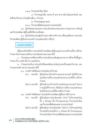 12 แนวทางการจัดกิจกรรมพัฒนาผู้เรียน
ตามหลักสูตรแกนกลางการศึกษาขั้นพื้นฐาน พุทธศักราช ๒๕๕๑
	 	 	 ๒.๒.๒ 	กิจกรรมนักเรียน ได้แก่ 
	 	 	 	 ๑) 	กิจกรรมลูกเสือ เนตรนารี ยุวกาชาด ผู้บำเพ็ญประโยชน์ และ
	
นักศึกษาวิชาทหาร โดยเลือกเพียง ๑ กิจกรรม
	 	 	 	 ๒) 	กิจกรรมชุมนุม ชมรม
	 	 	 ๒.๒.๓ 	กิจกรรมเพื่อสังคมและสาธารณประโยชน์ 
	 	 ๒.๓	 ผู้รับผิดชอบเสนอผลการประเมินต่อคณะอนุกรรมการกลุ่มสาระการเรียนรู้
และกิจกรรมพัฒนาผู้เรียนเพื่อให้ความเห็นชอบ 
	 	 ๒.๔	 ผู้รับผิดชอบเสนอผู้บริหารสถานศึกษาพิจารณาเพื่ออนุมัติผลการประเมิน
กิจกรรมพัฒนาผู้เรียนผ่านเกณฑ์การจบแต่ละระดับการศึกษา
	 เกณฑ์การตัดสิน
	 ผู้เรียนจะต้องได้รับการประเมินกิจกรรมพัฒนาผู้เรียนและผ่านเกณฑ์ตามที่สถานศึกษา
กำหนด โดยกำหนดเกณฑ์ในการประเมินอย่างเหมาะสม ดังนี้
	 ๑.	 กำหนดคุณภาพหรือเกณฑ์ในการประเมินตามหลักสูตรแกนกลางการศึกษาขั้นพื้นฐาน
	
กำหนด ไว้ ๒ ระดับ คือ ผ่าน และไม่ผ่าน
	 ๒.	 กำหนดประเด็นการประเมินให้สอดคล้องตามวัตถุประสงค์ในแต่ละกิจกรรม และ
กำหนดเกณฑ์การผ่านการประเมิน ดังนี้
	 	 ๒.๑	 เกณฑ์การตัดสินผลการประเมินรายกิจกรรม 
	 	 	 ผ่าน 	 หมายถึง 	 ผู้เรียนมีเวลาเข้าร่วมกิจกรรมครบตามเกณฑ์ ปฏิบัติกิจกรรม
และมีผลงาน/ชิ้นงาน/คุณลักษณะตามเกณฑ์ที่สถานศึกษา
กำหนด
	 	 	 ไม่ผ่าน 	หมายถึง 	 ผู้เรียนมีเวลาเข้าร่วมกิจกรรมไม่ครบตามเกณฑ์ ไม่ผ่าน
	
การปฏิบัติกิจกรรม หรือมีผลงาน/ชิ้นงาน/คุณลักษณะ
	
ไม่เป็นไปตามเกณฑ์ที่สถานศึกษากำหนด 
	 	 ๒.๒	 เกณฑ์การตัดสินผลการประเมินกิจกรรมพัฒนาผู้เรียนรายปี/รายภาค
	 	 	 ผ่าน 	 หมายถึง 	 ผู้เรียนมีผลการประเมินระดับ “ผ่าน” ในกิจกรรมสำคัญ
	
ทั้ง ๓ ลักษณะ คือ กิจกรรมแนะแนว กิจกรรมนักเรียน
และกิจกรรมเพื่อสังคมและสาธารณประโยชน์
	 	 	 ไม่ผ่าน 	หมายถึง 	 ผู้เรียนมีผลการประเมินระดับ “ไม่ผ่าน” ในกิจกรรมสำคัญ
กิจกรรมใดกิจกรรมหนึ่งจาก ๓ ลักษณะ คือ กิจกรรมแนะแนว
กิจกรรมนักเรียน กิจกรรมเพื่อสังคมและสาธารณประโยชน์
 